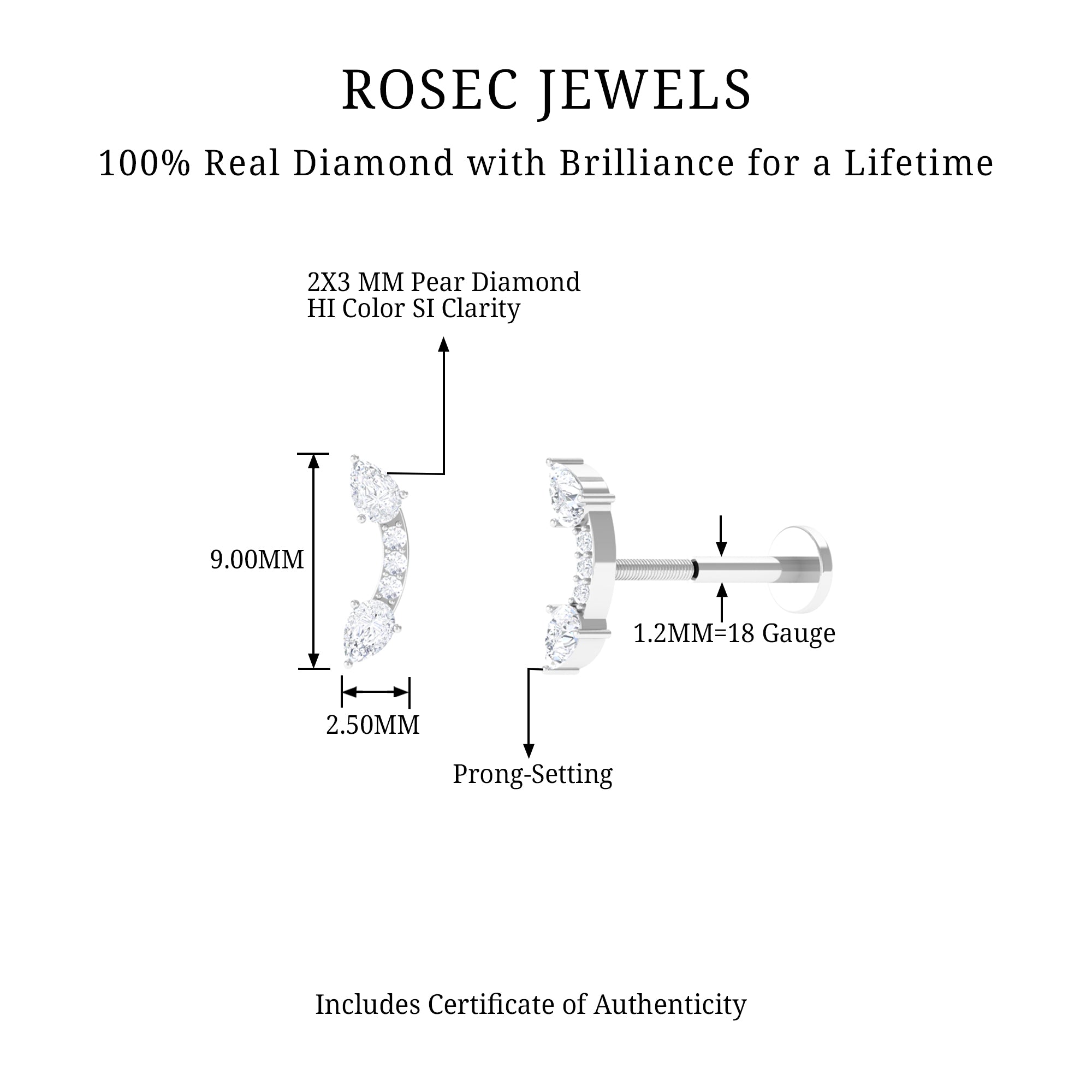 Pear Shape Diamond Curved Helix Earring Natural - ( HI-SI ) - Rosec Jewels