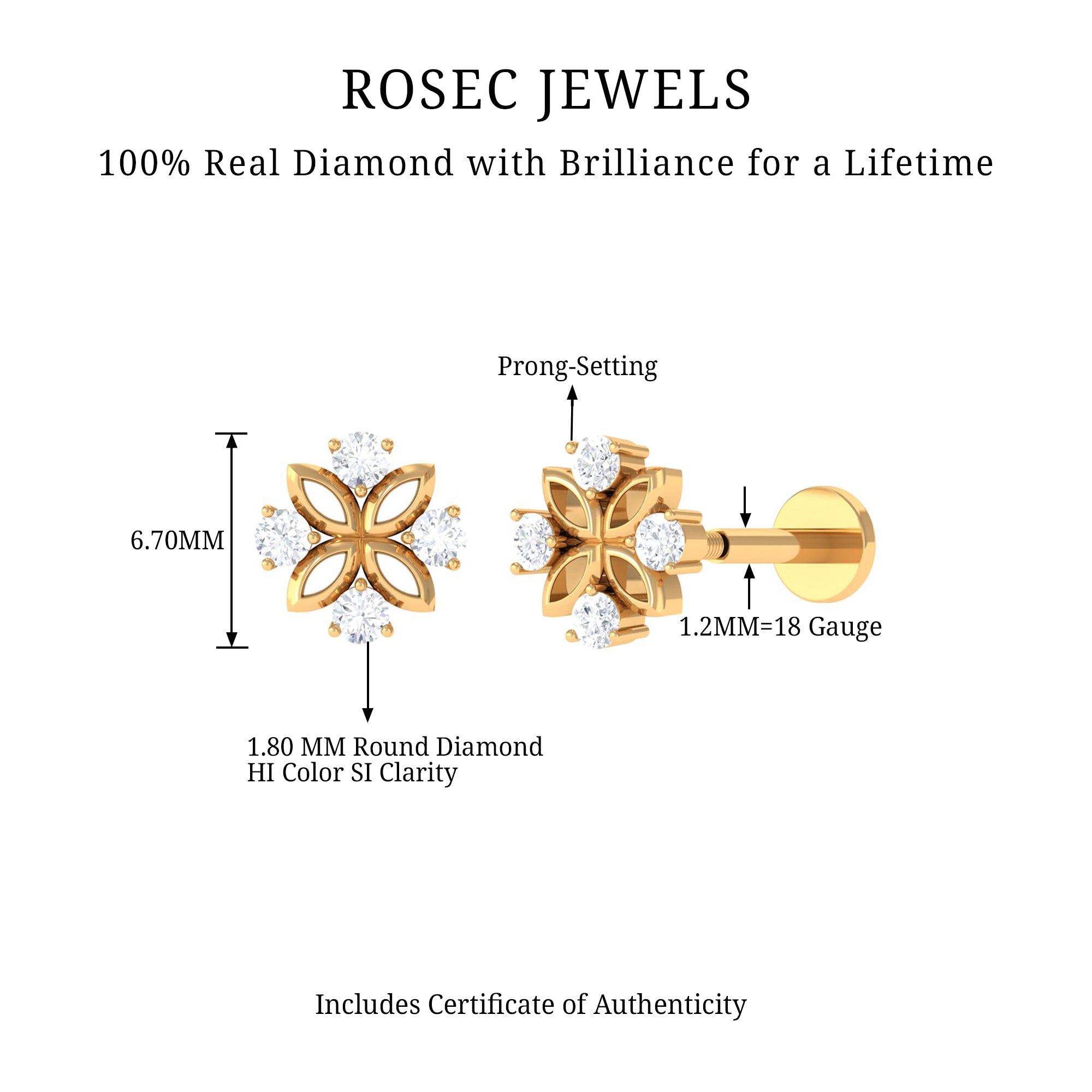 Nature Inspired Certified Diamond Flower Earring for Helix Piercing Natural - ( HI-SI ) - Rosec Jewels