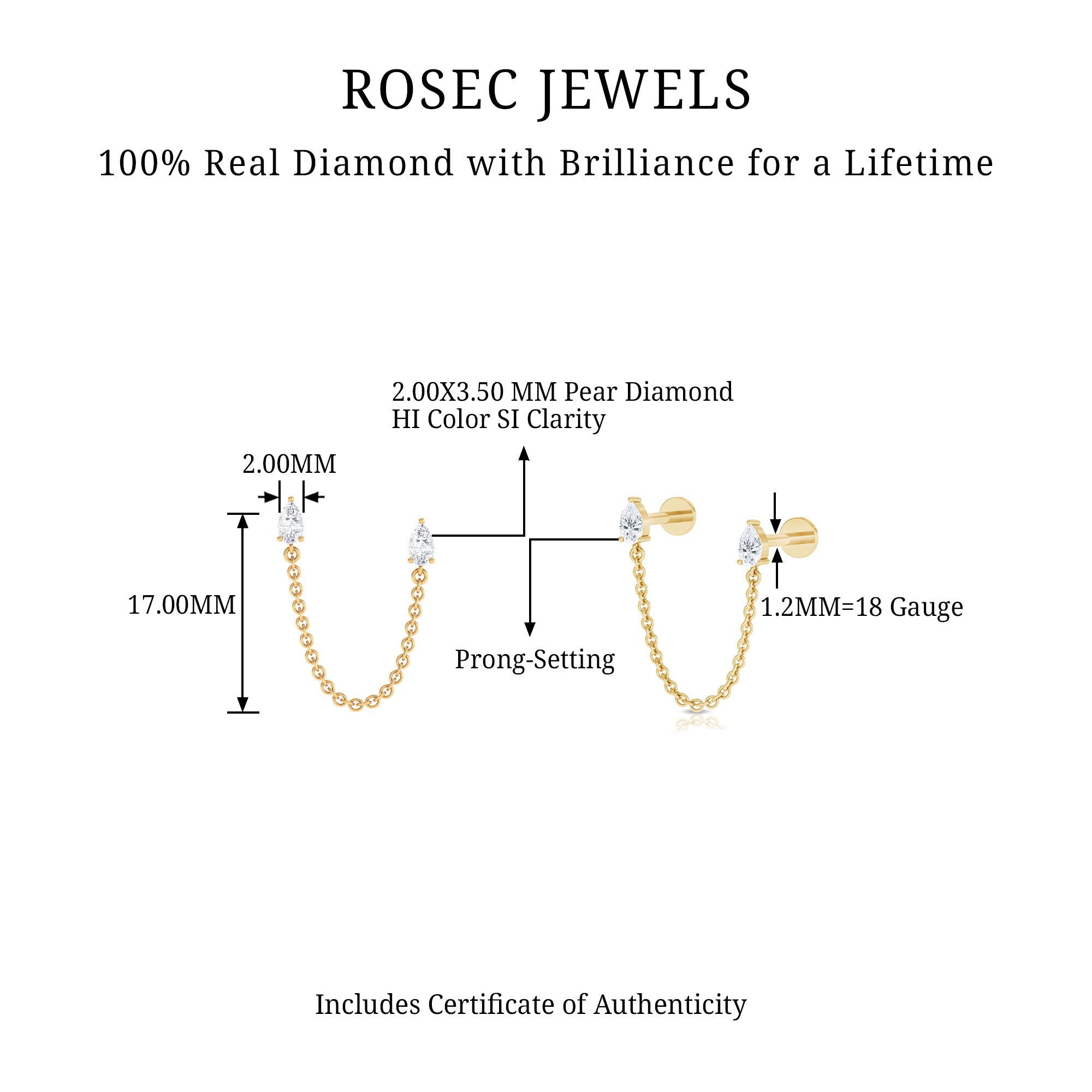 Pear Shape Diamond Chain Double Piercing Earring Natural - ( HI-SI ) - Rosec Jewels