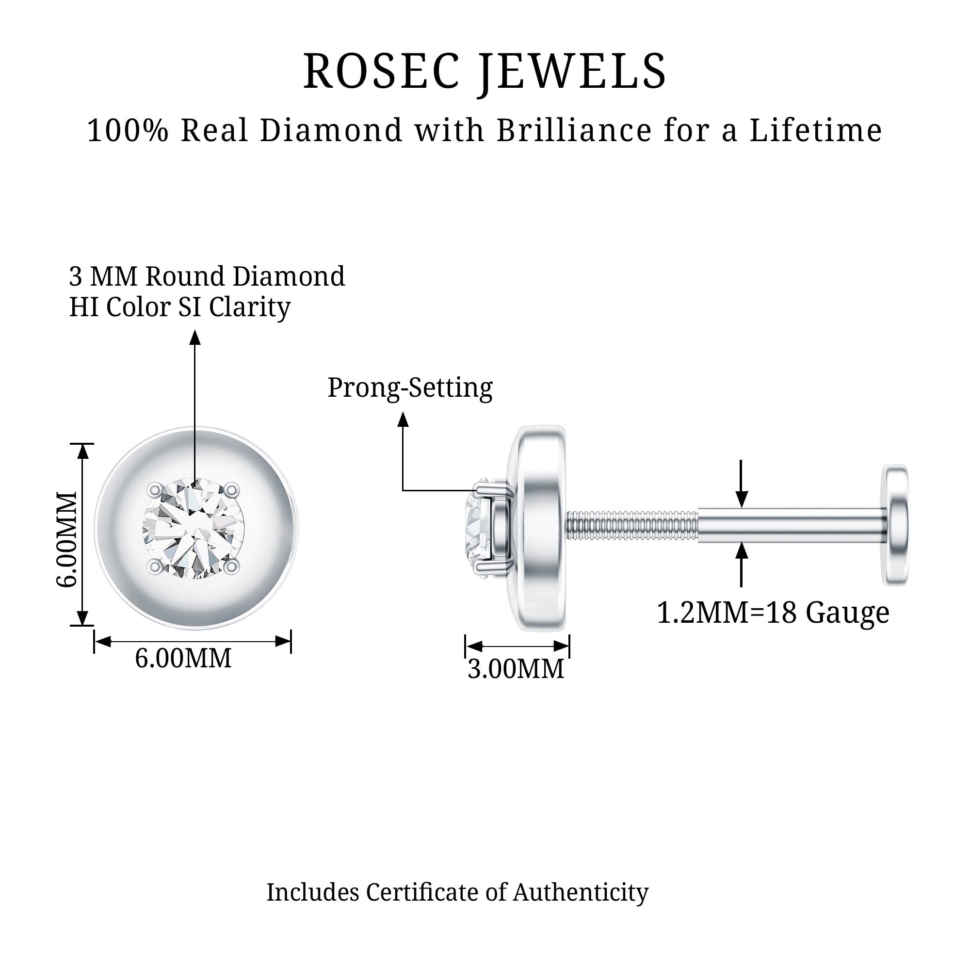 Classic Diamond Solitaire Helix Piercing Earring Natural - ( HI-SI ) - Rosec Jewels