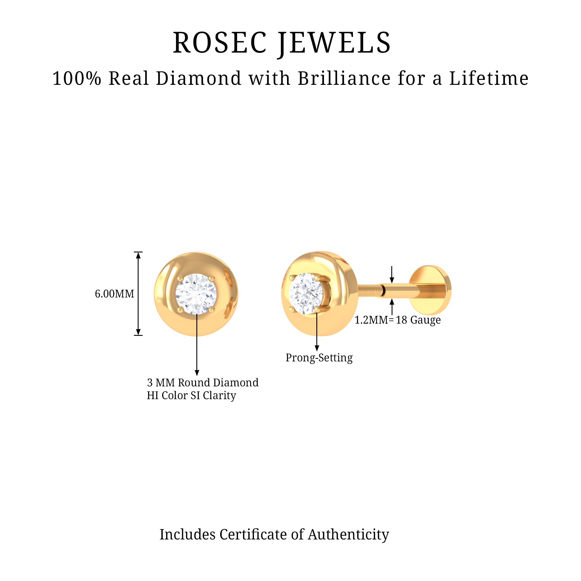Classic Diamond Solitaire Helix Piercing Earring Natural - ( HI-SI ) - Rosec Jewels
