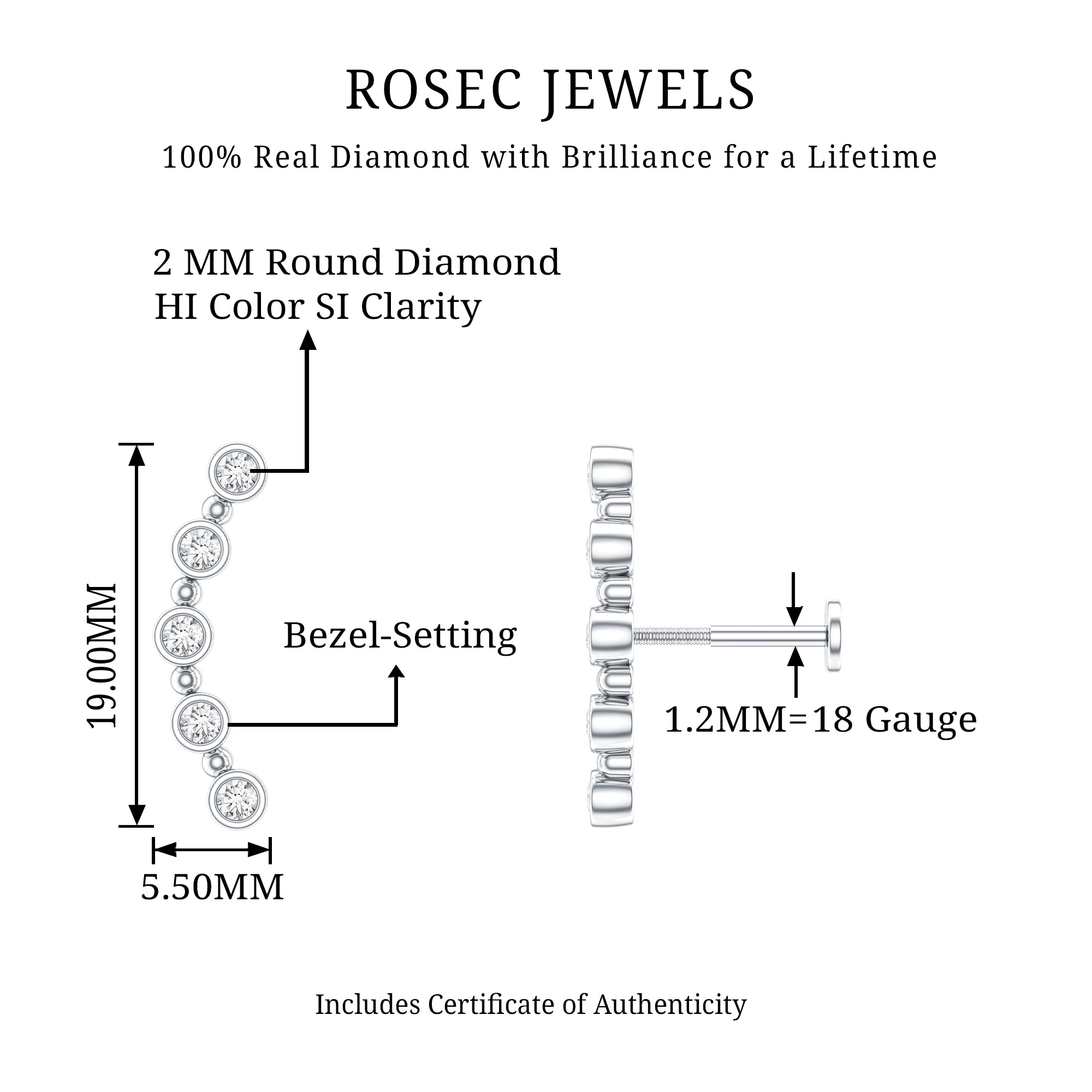 Bezel Set Diamond Crawler Earring for Cartilage Piercing Natural - ( HI-SI ) - Rosec Jewels