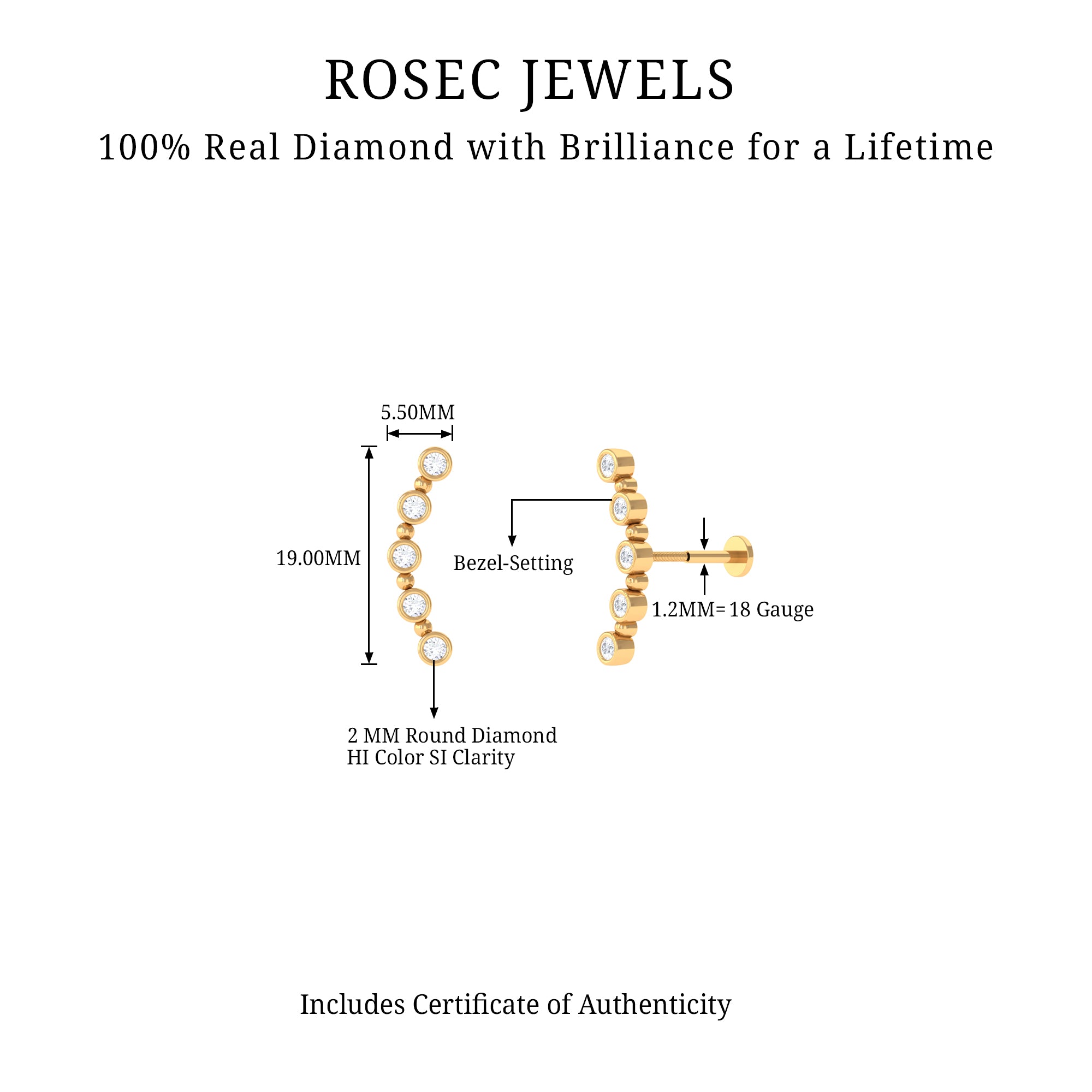 Bezel Set Diamond Crawler Earring for Cartilage Piercing Natural - ( HI-SI ) - Rosec Jewels