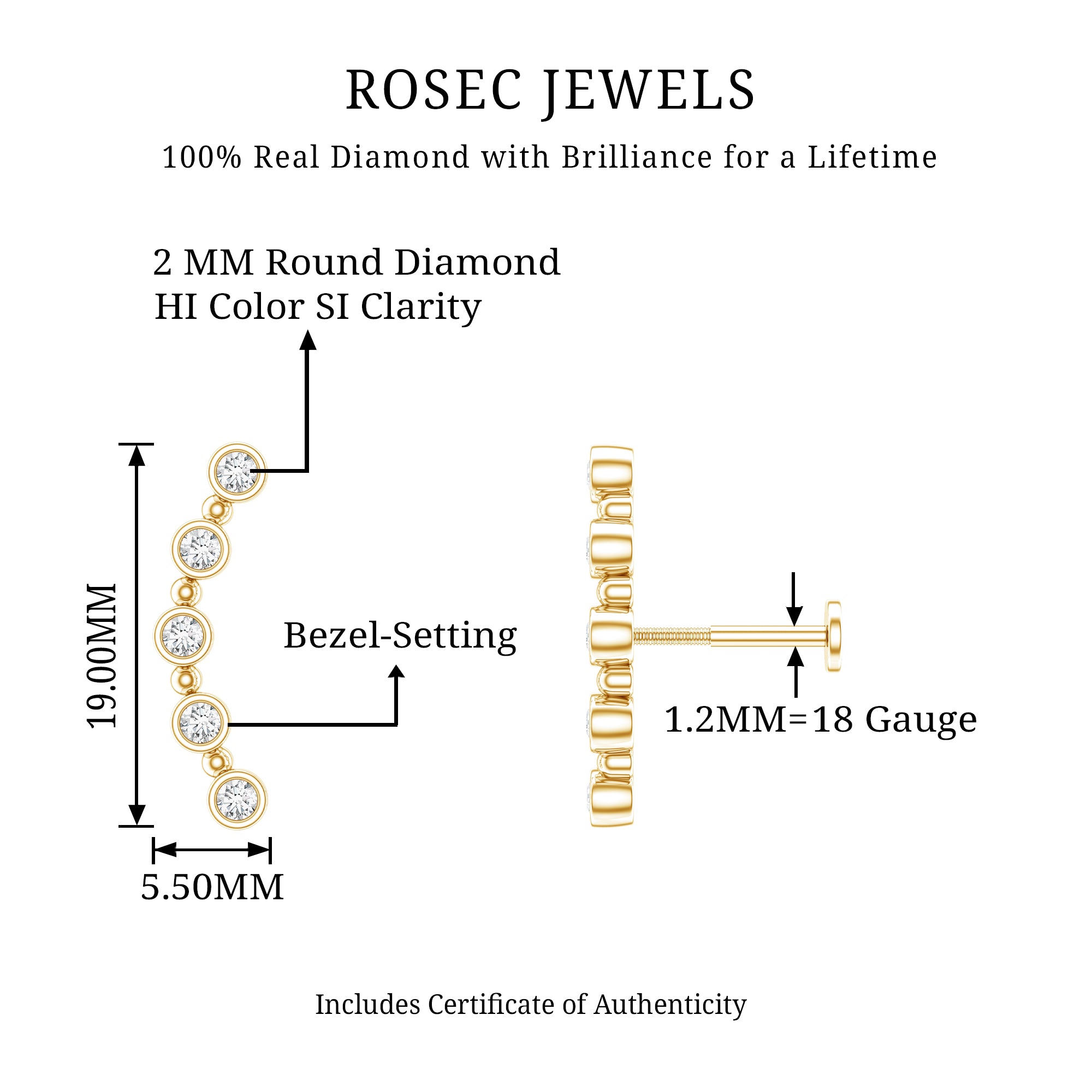 Bezel Set Diamond Crawler Earring for Cartilage Piercing Natural - ( HI-SI ) - Rosec Jewels