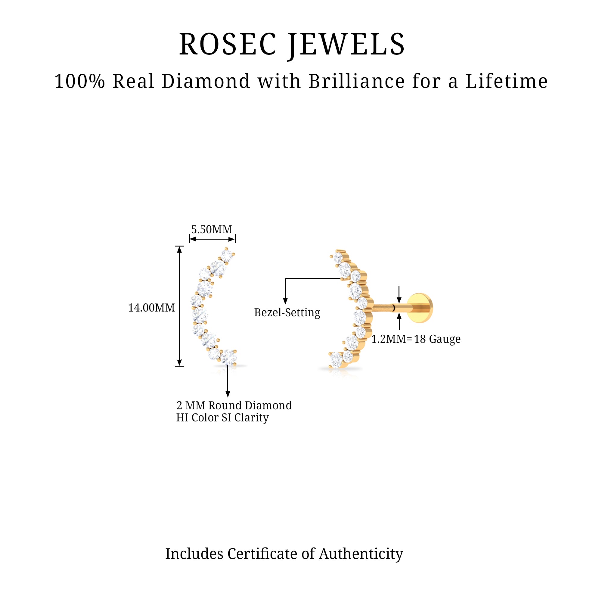 Certified Diamond Curved Crawler Earring for Women Natural - ( HI-SI ) - Rosec Jewels