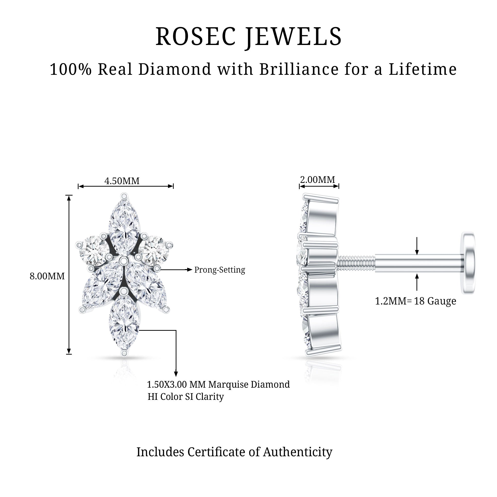 Marquise Diamond Cluster Flower Earring with Flat Back Natural - ( HI-SI ) - Rosec Jewels