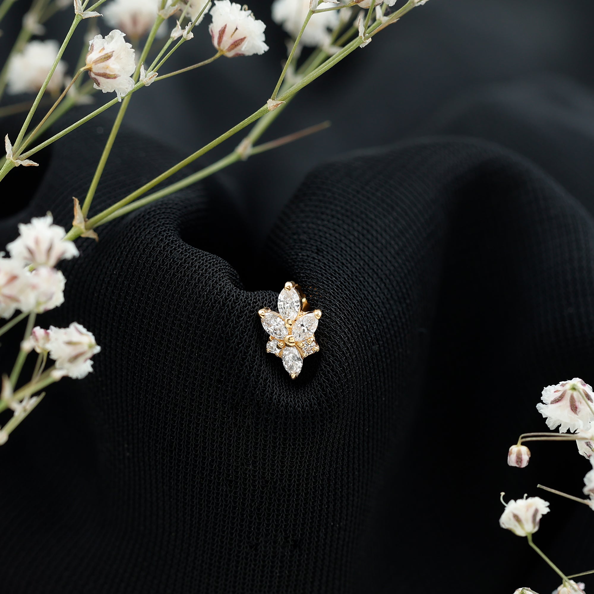 Marquise Diamond Cluster Flower Earring with Flat Back Natural - ( HI-SI ) - Rosec Jewels