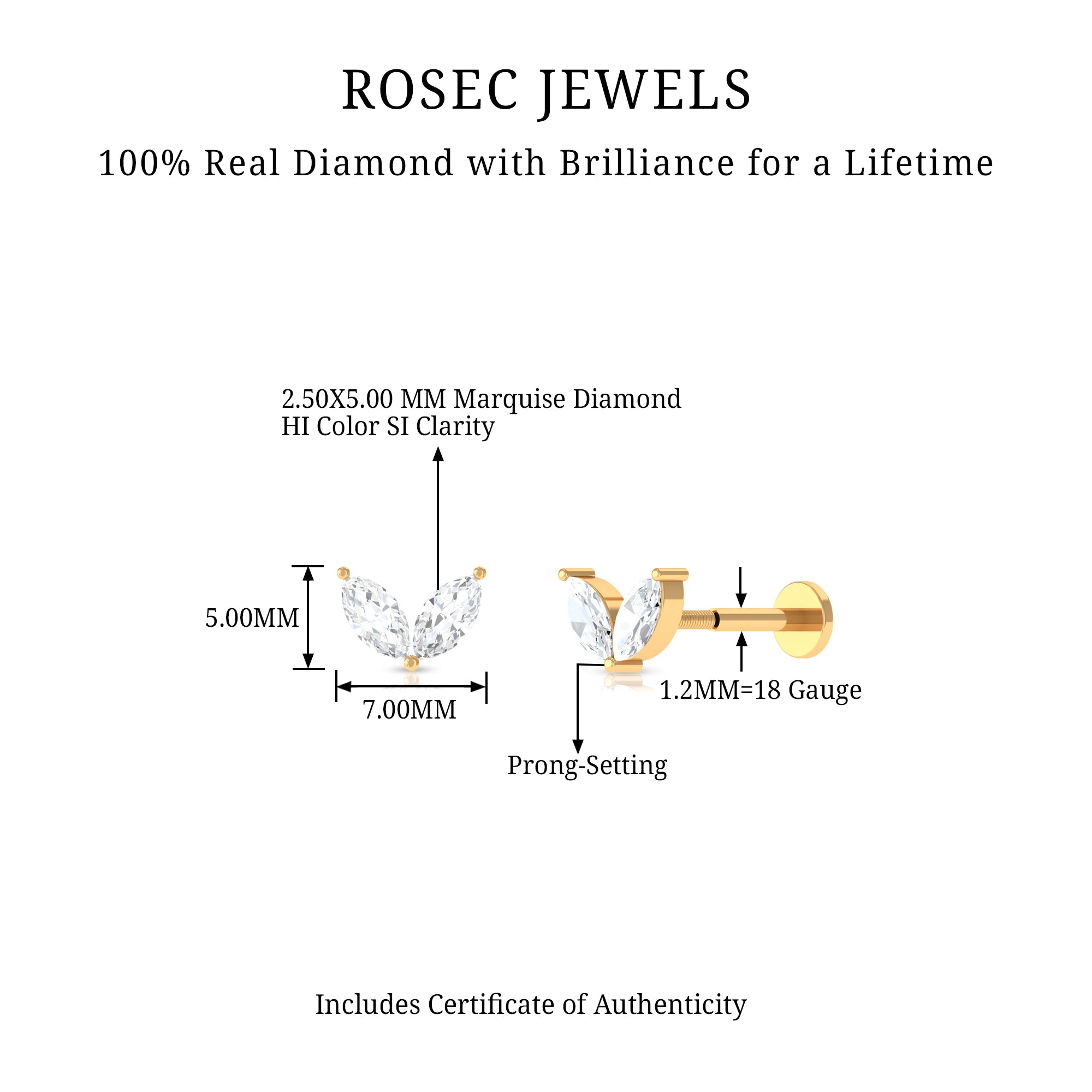 Marquise Diamond Two Stone Earring for Tragus Piercing Natural - ( HI-SI ) - Rosec Jewels