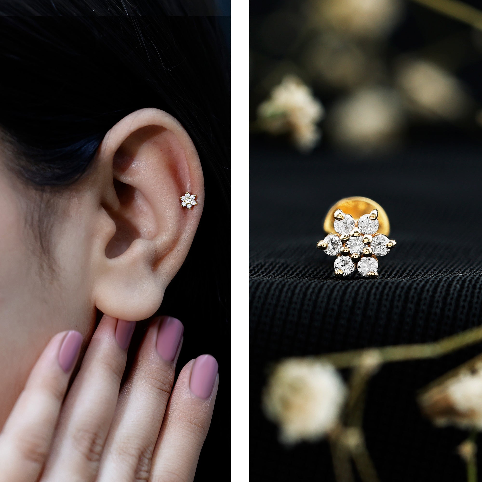 Simple Diamond Flower Cartilage Earring Natural - ( HI-SI ) - Rosec Jewels