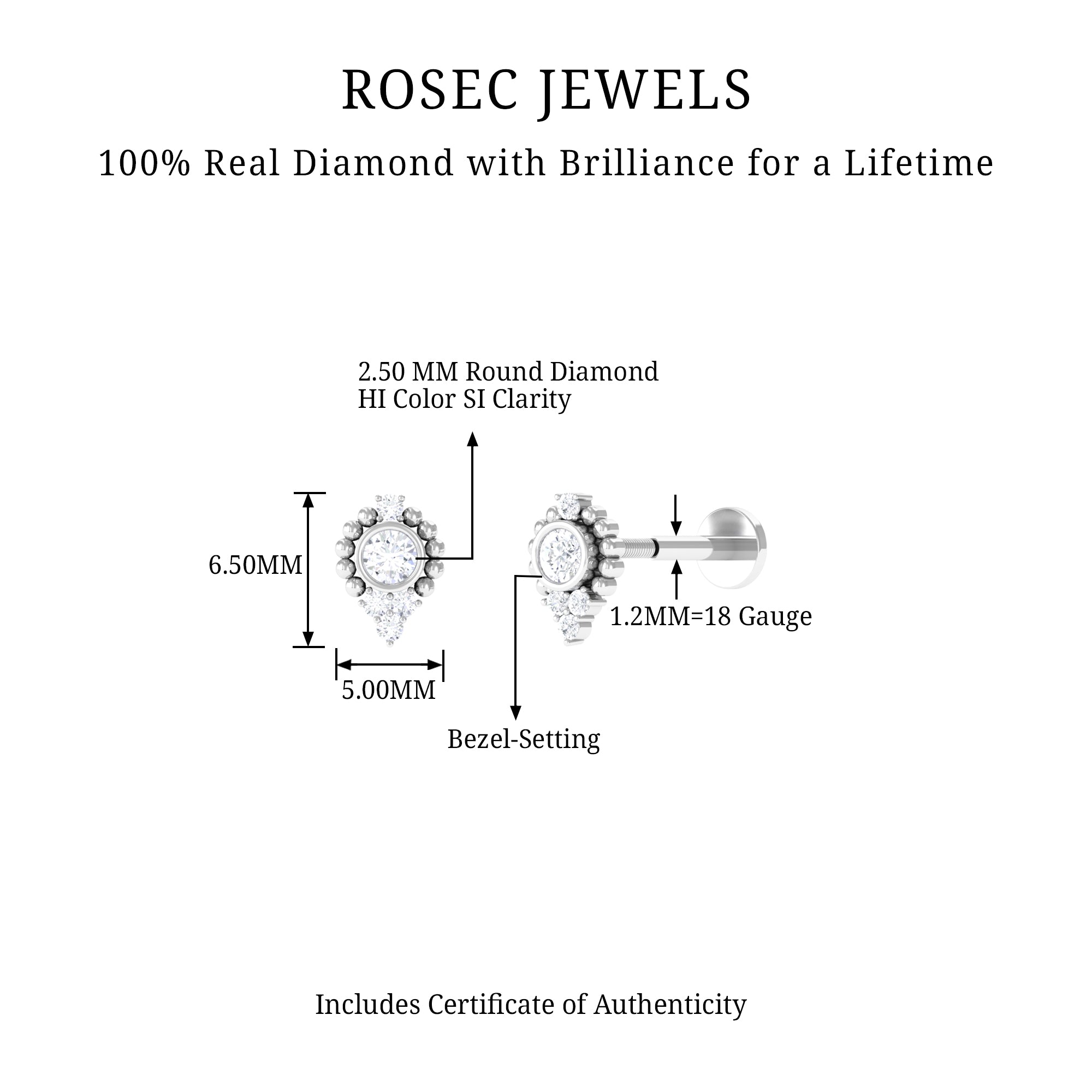 Bezel Set Diamond Minimalist Earring for Tragus Piercing Natural - ( HI-SI ) - Rosec Jewels