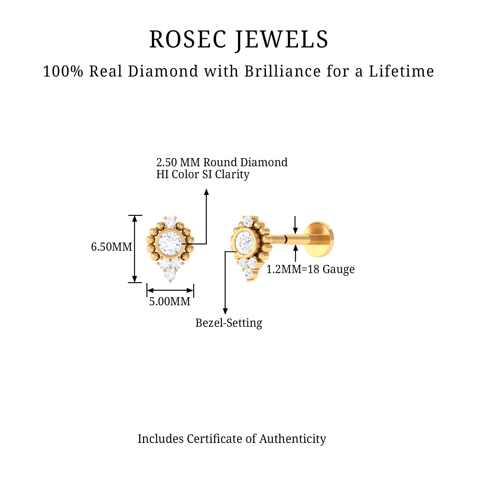 Bezel Set Diamond Minimalist Earring for Tragus Piercing Natural - ( HI-SI ) - Rosec Jewels