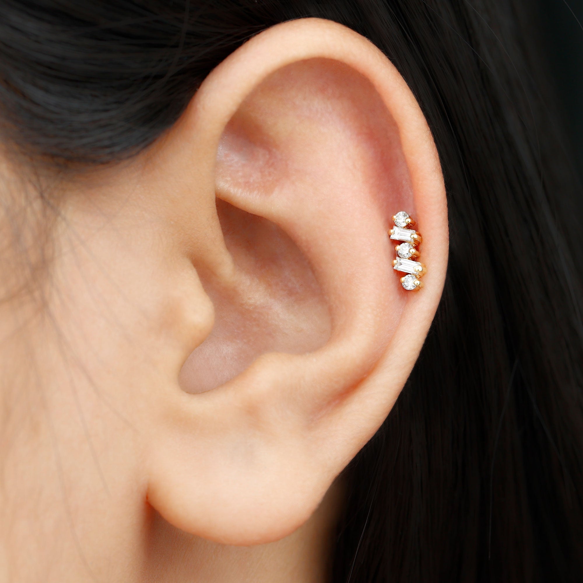 Baguette Shape Diamond Cartilage Piercing Earring Natural - ( HI-SI ) - Rosec Jewels