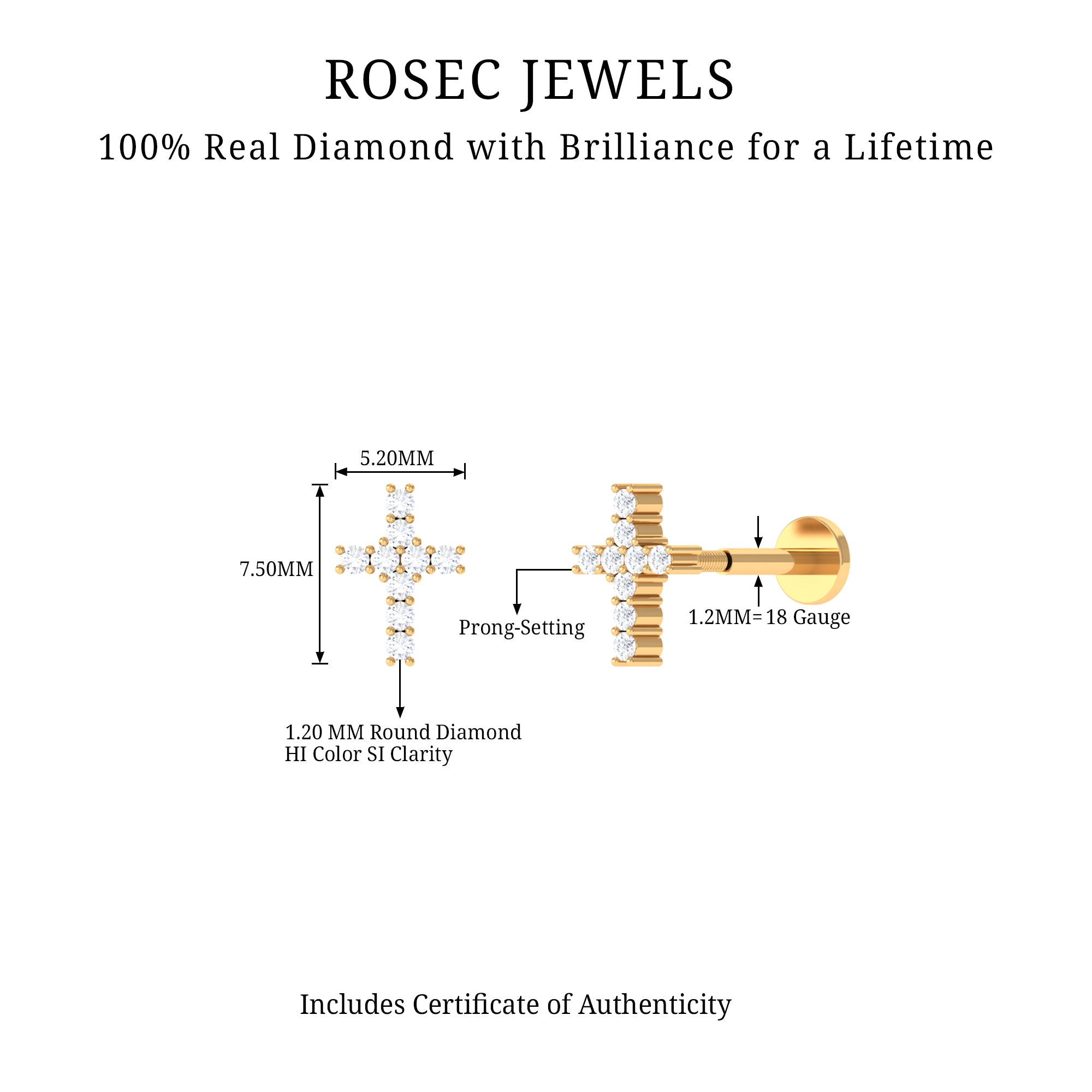 Minimalist Diamond Cross Cartilage Earring Natural - ( HI-SI ) - Rosec Jewels