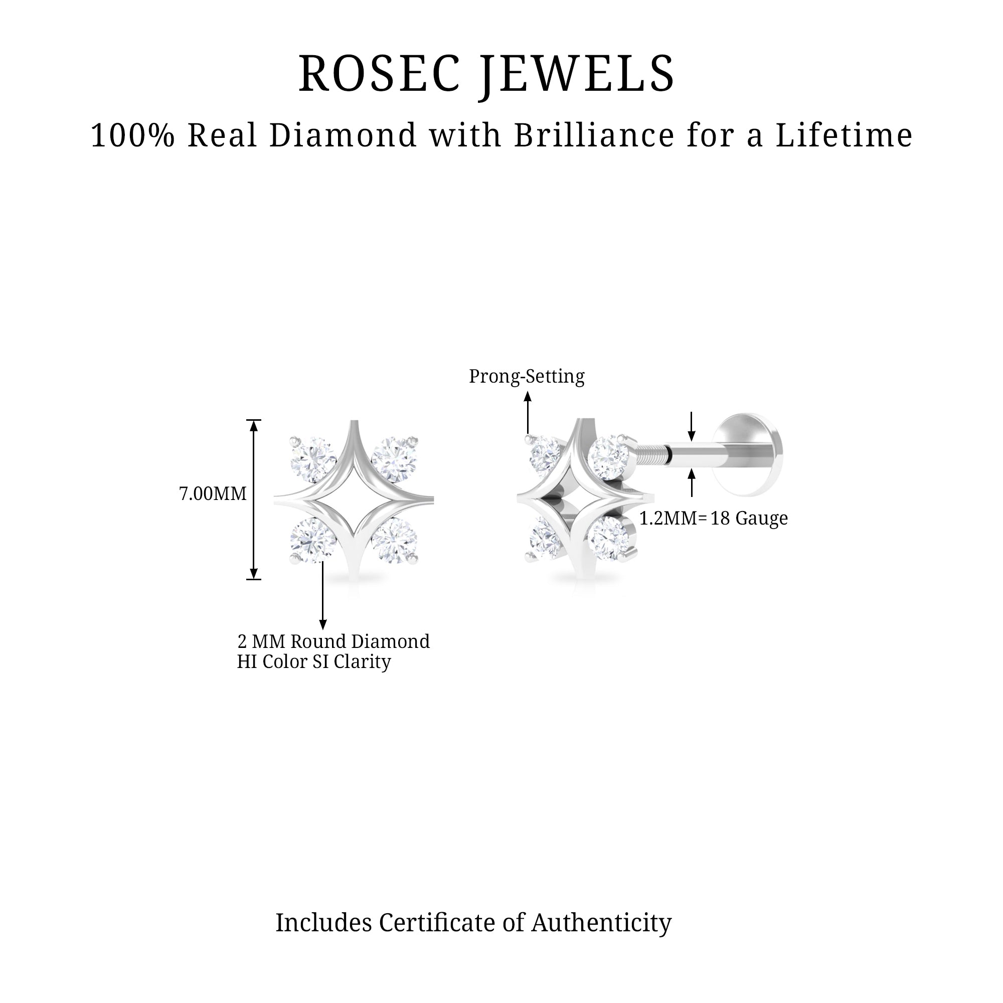 Round Cut Diamond Star Earring for Helix Piercing Natural - ( HI-SI ) - Rosec Jewels