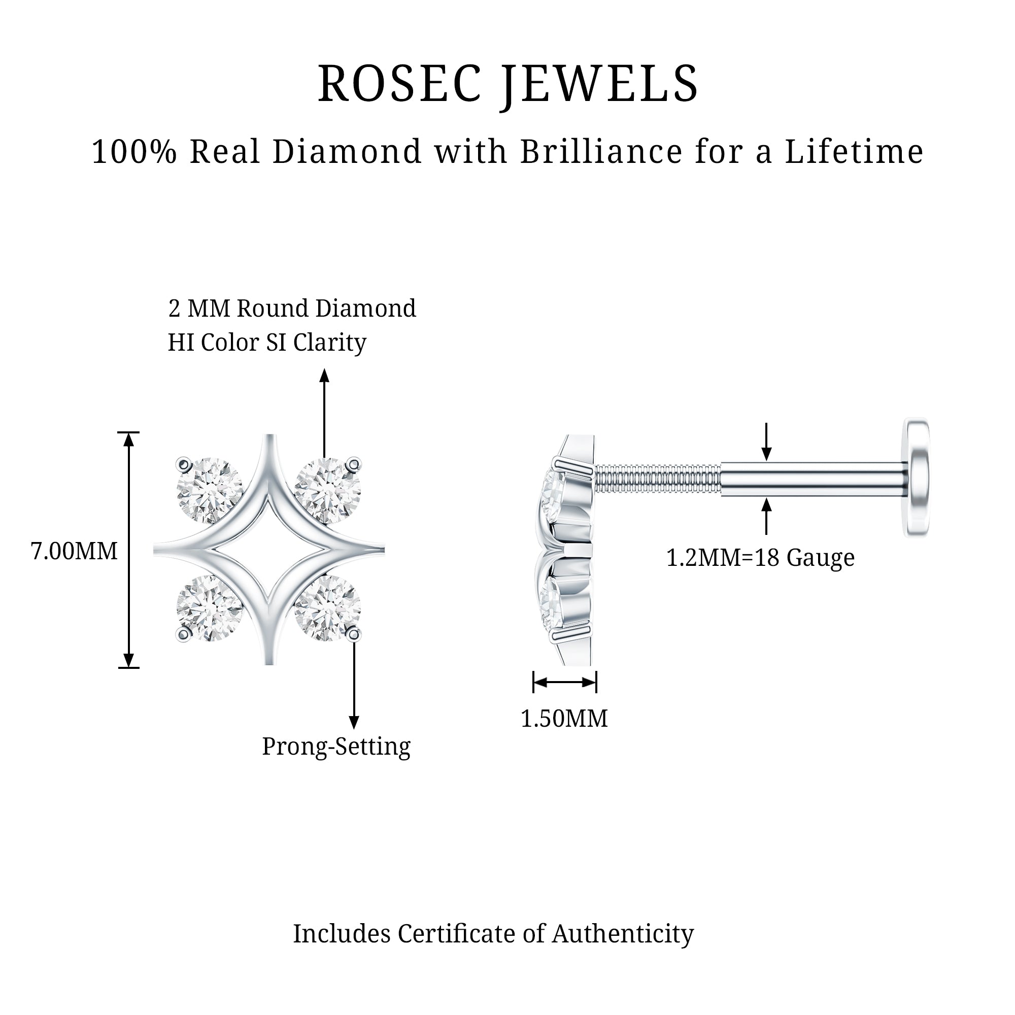 Round Cut Diamond Star Earring for Helix Piercing Natural - ( HI-SI ) - Rosec Jewels