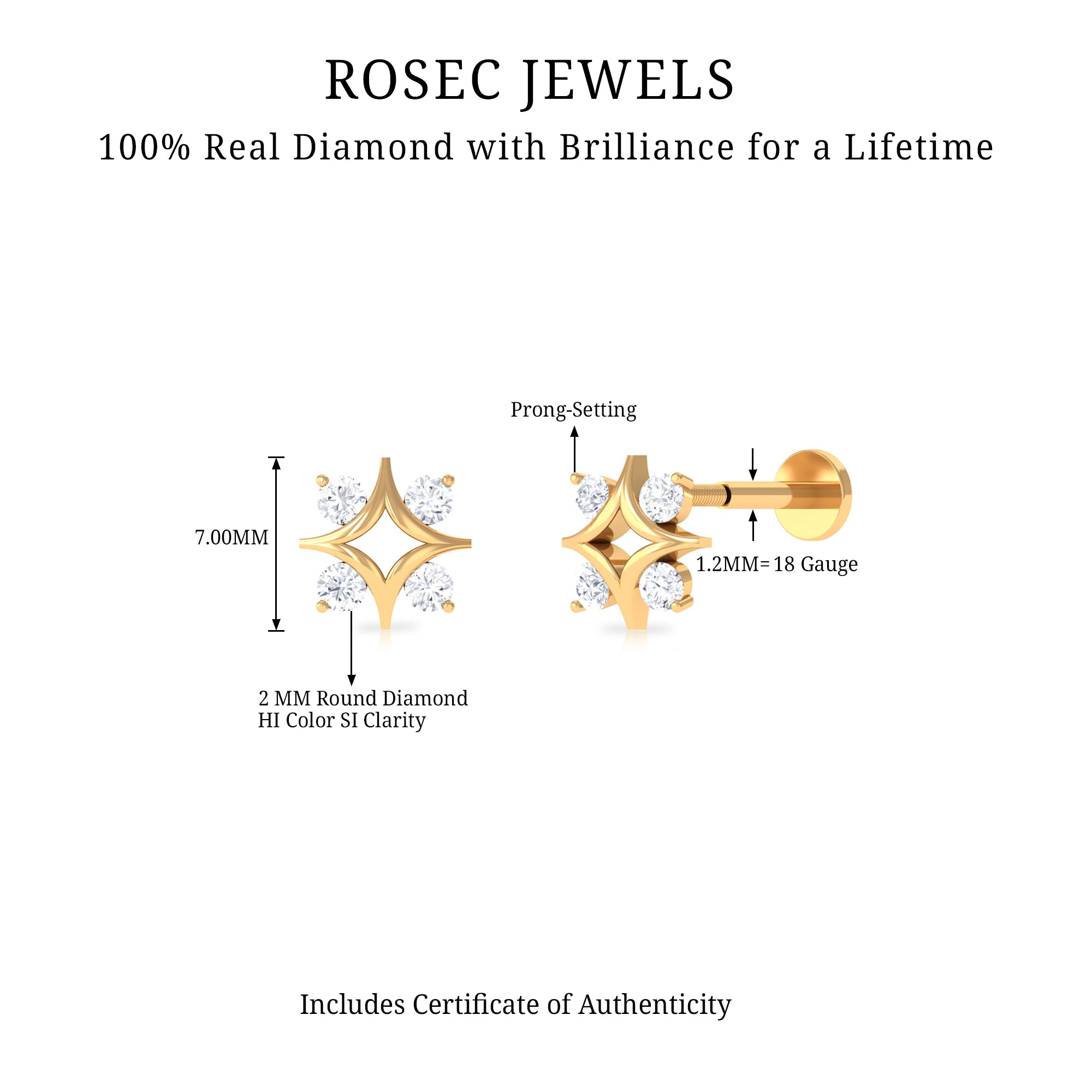 Round Cut Diamond Star Earring for Helix Piercing Natural - ( HI-SI ) - Rosec Jewels
