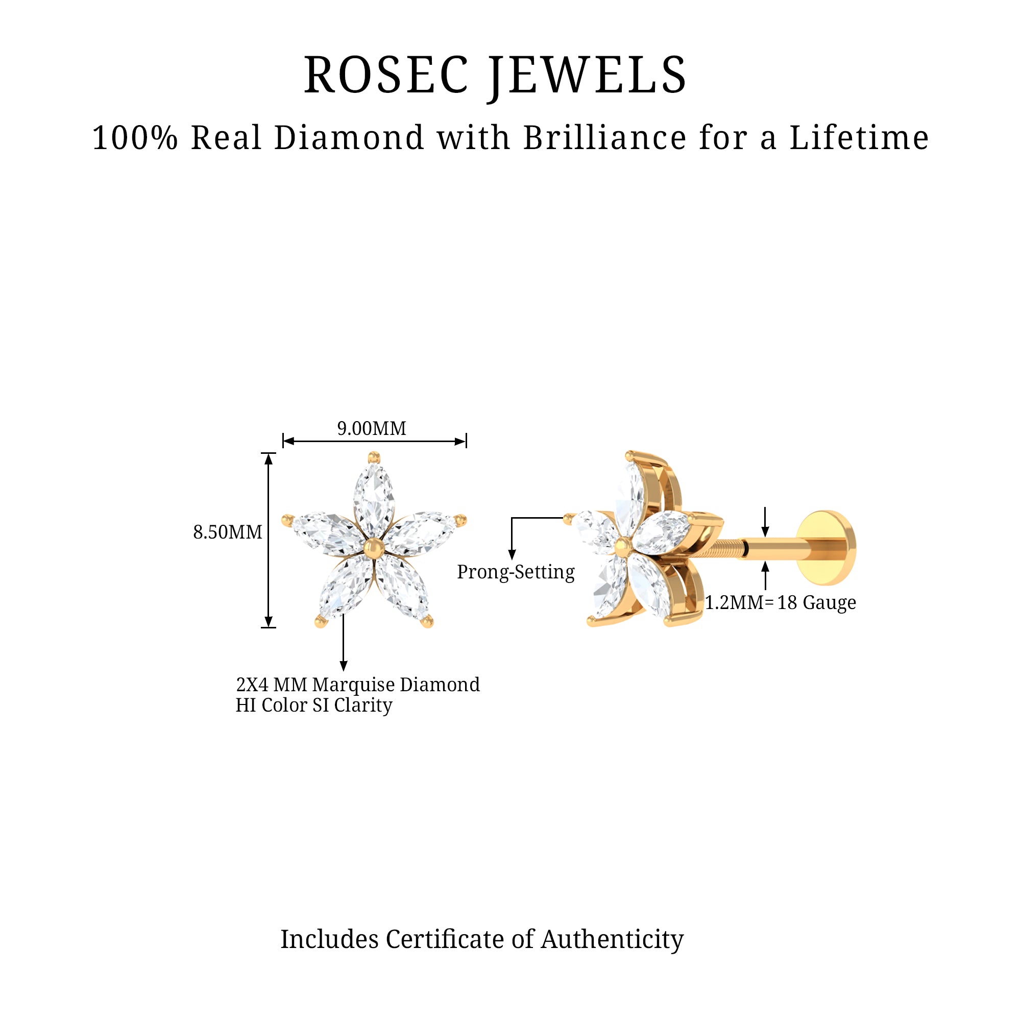 Marquise Diamond Floral Upper Lobe Earring Natural - ( HI-SI ) - Rosec Jewels