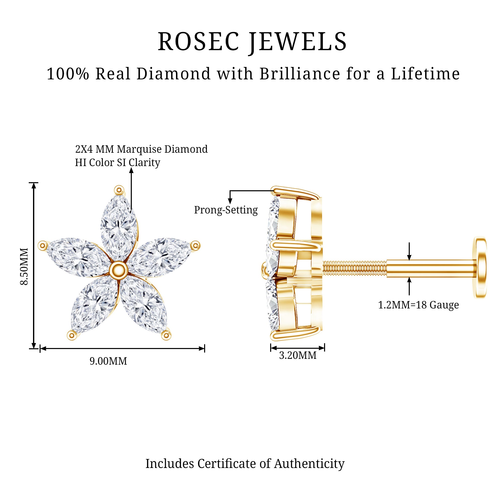 Marquise Diamond Floral Upper Lobe Earring Natural - ( HI-SI ) - Rosec Jewels