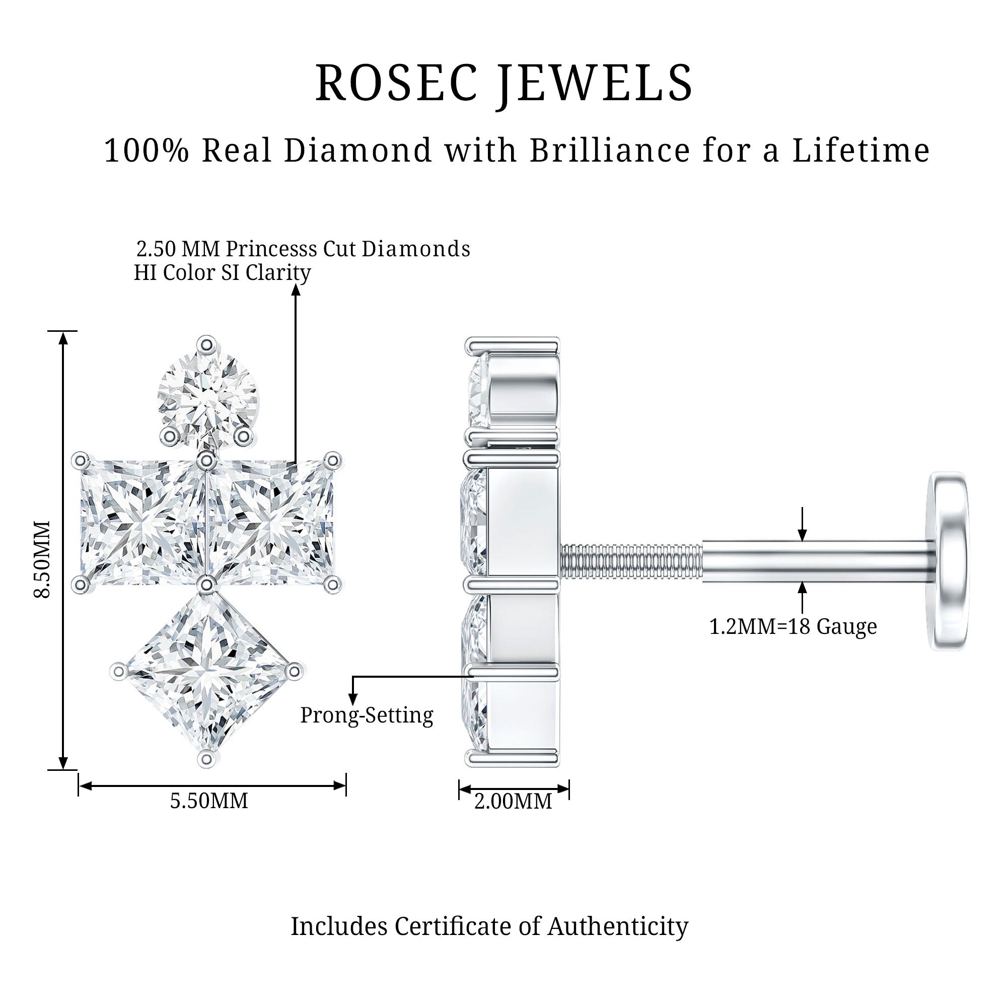 Princess Cut Diamond Helix Piercing Earring for Women Natural - ( HI-SI ) - Rosec Jewels