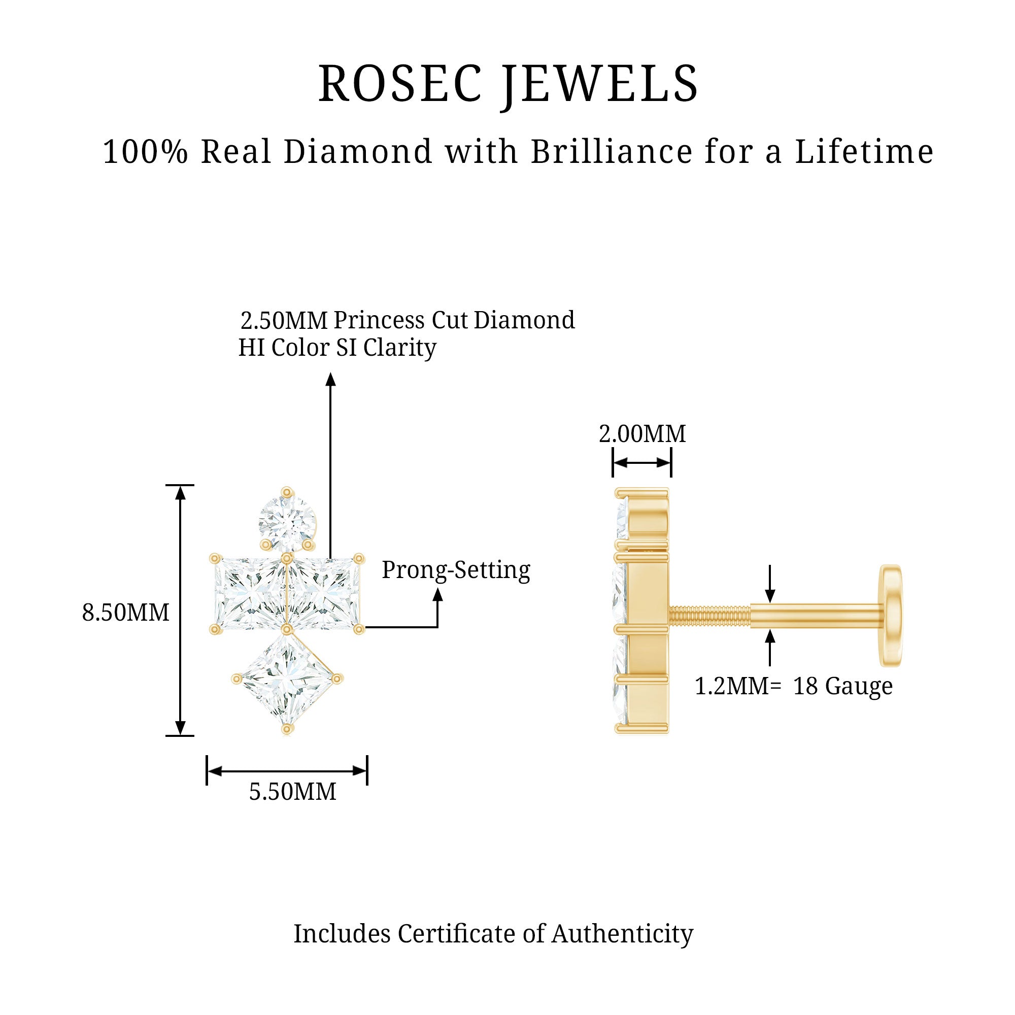 Princess Cut Diamond Helix Piercing Earring for Women Natural - ( HI-SI ) - Rosec Jewels