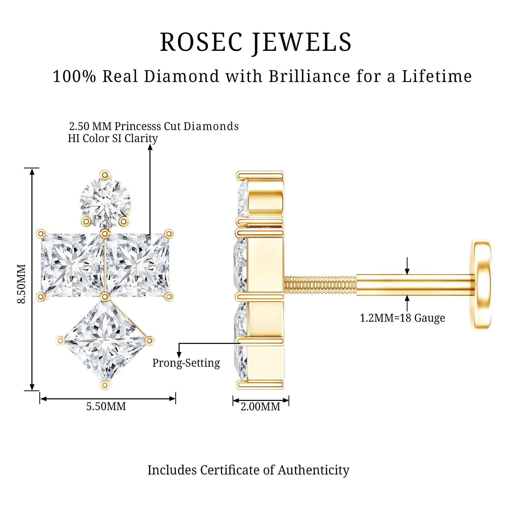 Princess Cut Diamond Helix Piercing Earring for Women Natural - ( HI-SI ) - Rosec Jewels