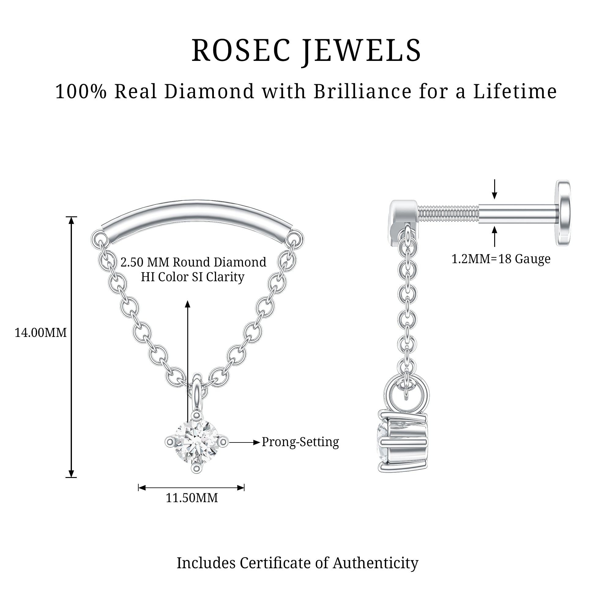 Single Diamond Hidden Helix Earring with Chain Natural - ( HI-SI ) - Rosec Jewels