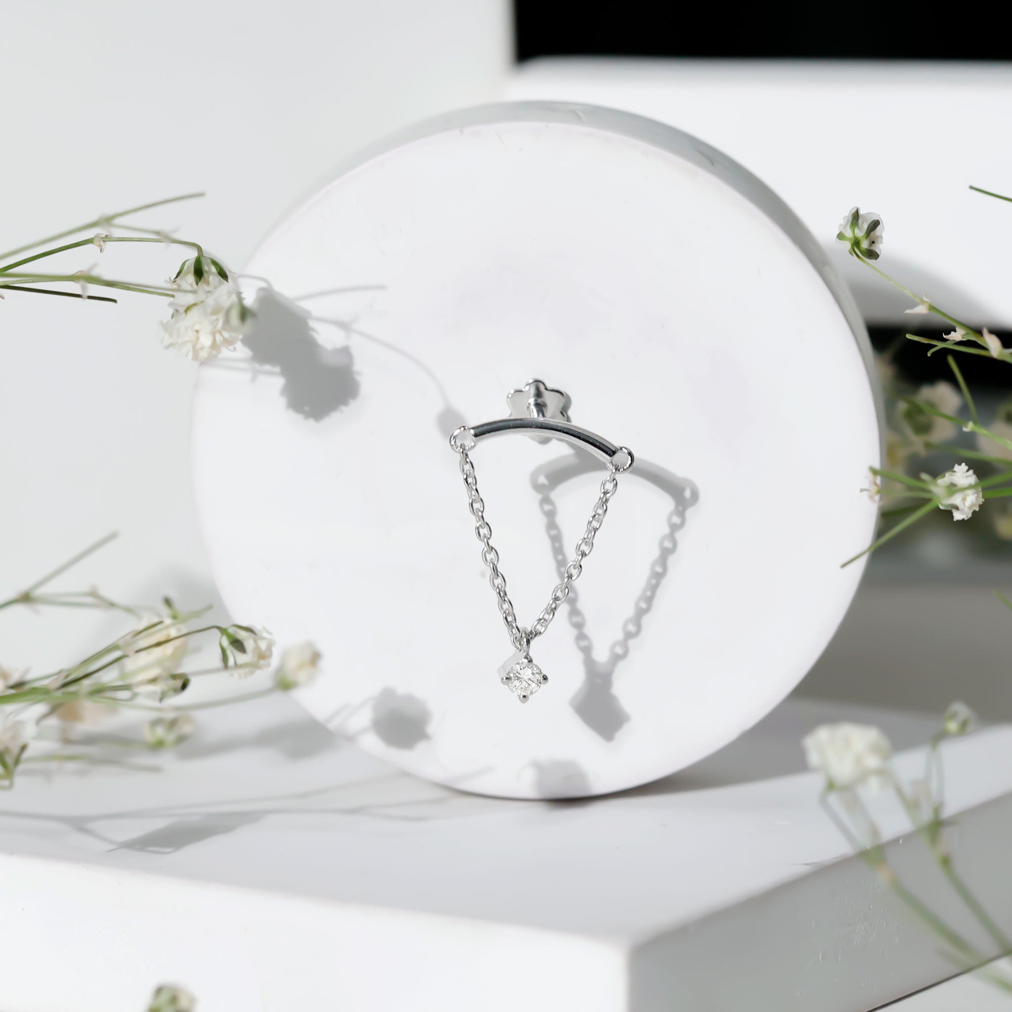 Single Diamond Hidden Helix Earring with Chain Natural - ( HI-SI ) - Rosec Jewels