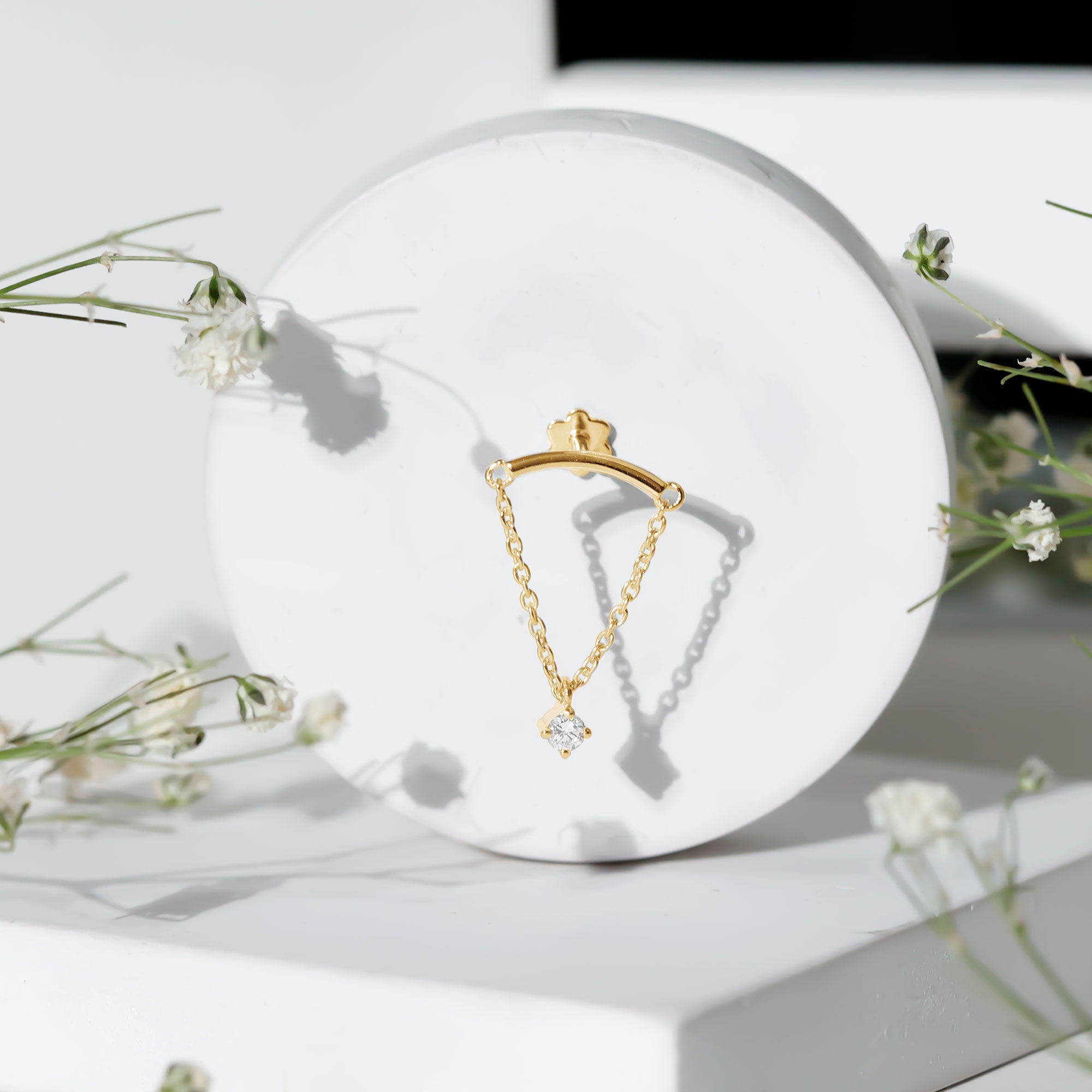 Single Diamond Hidden Helix Earring with Chain Natural - ( HI-SI ) - Rosec Jewels