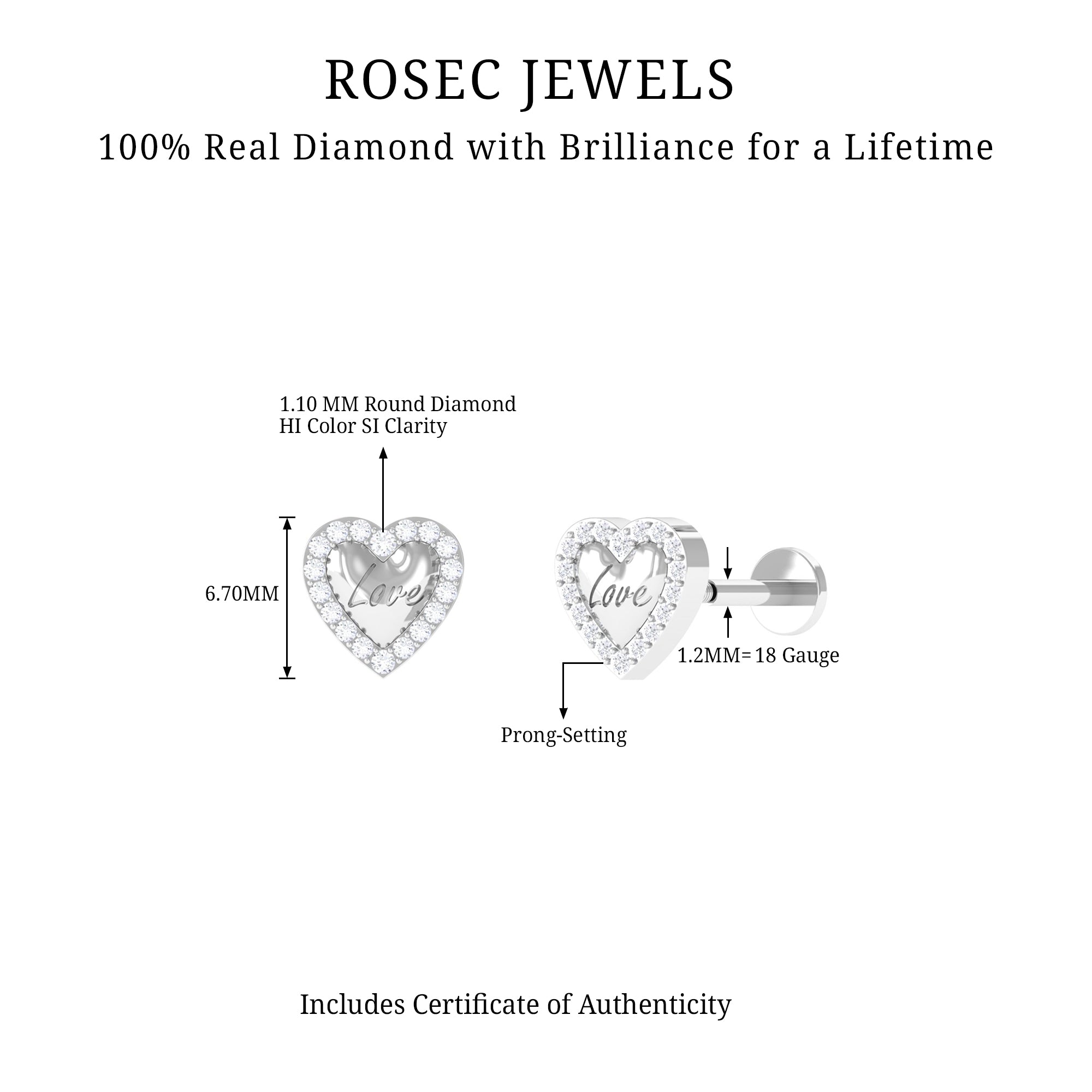 Cute Diamond Love Heart Earring for Helix Piercing Natural - ( HI-SI ) - Rosec Jewels