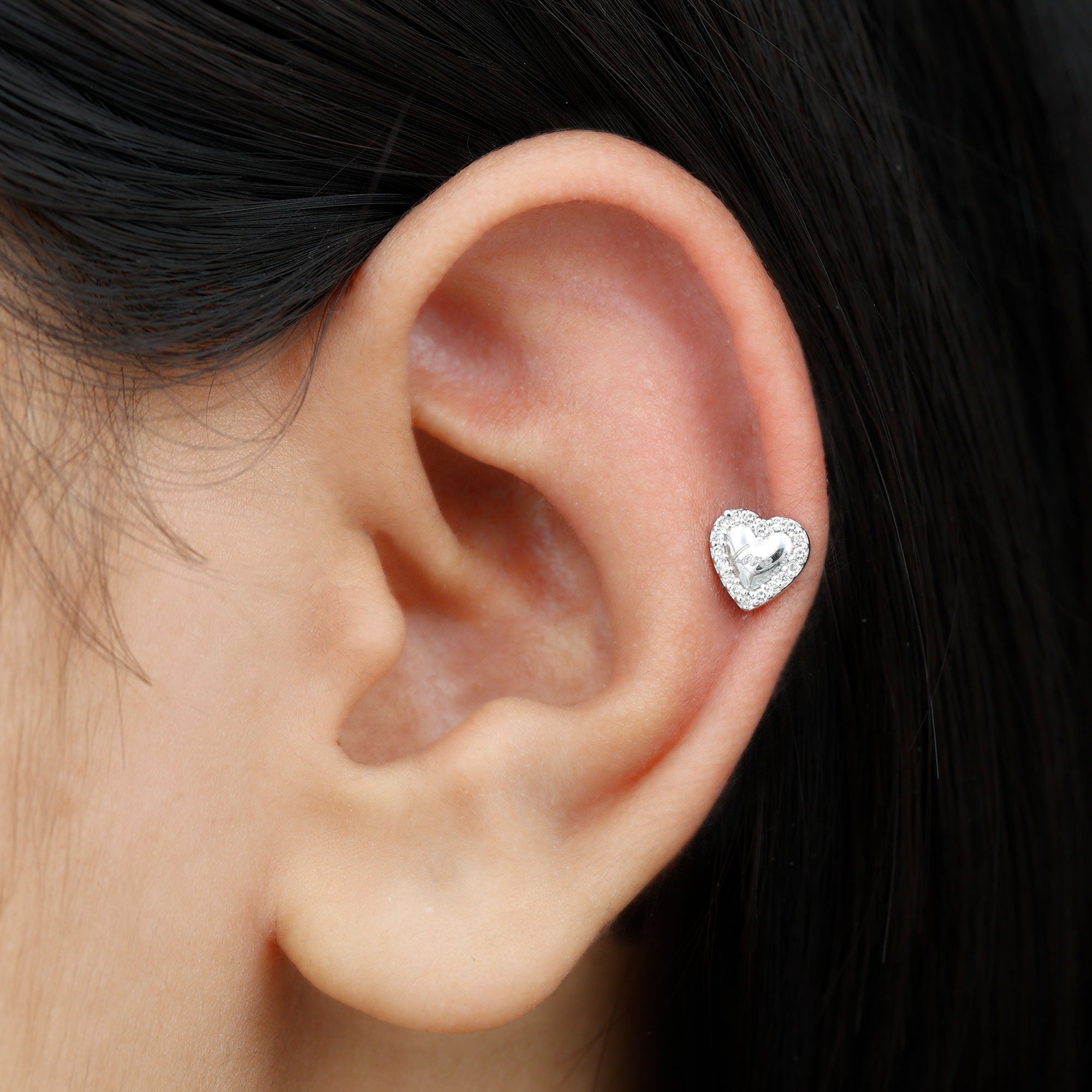 Cute Diamond Love Heart Earring for Helix Piercing Natural - ( HI-SI ) - Rosec Jewels