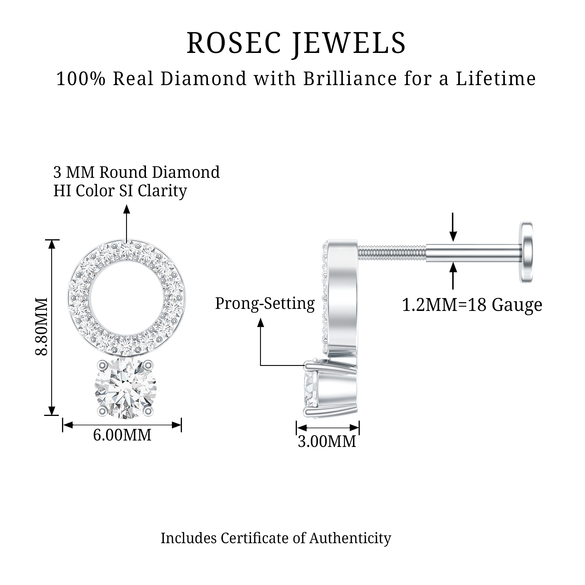 Minimalist Diamond Open Circle Helix Earring Natural - ( HI-SI ) - Rosec Jewels