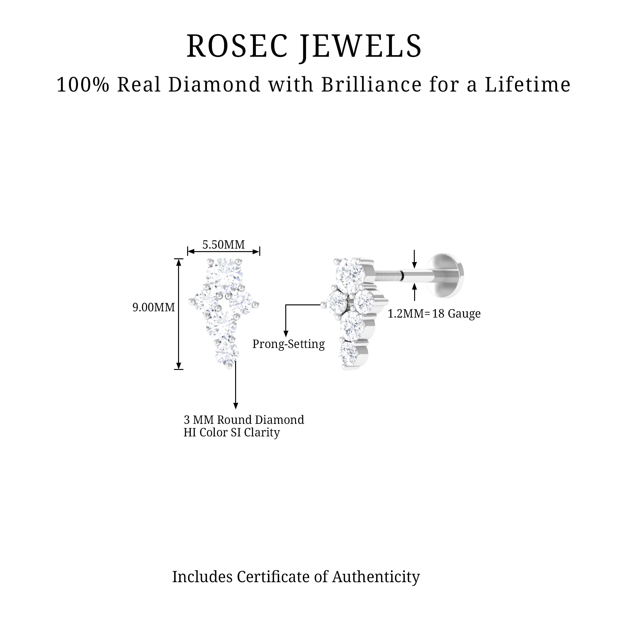 Certified Diamond Cluster Cartilage Piercing Earring Natural - ( HI-SI ) - Rosec Jewels