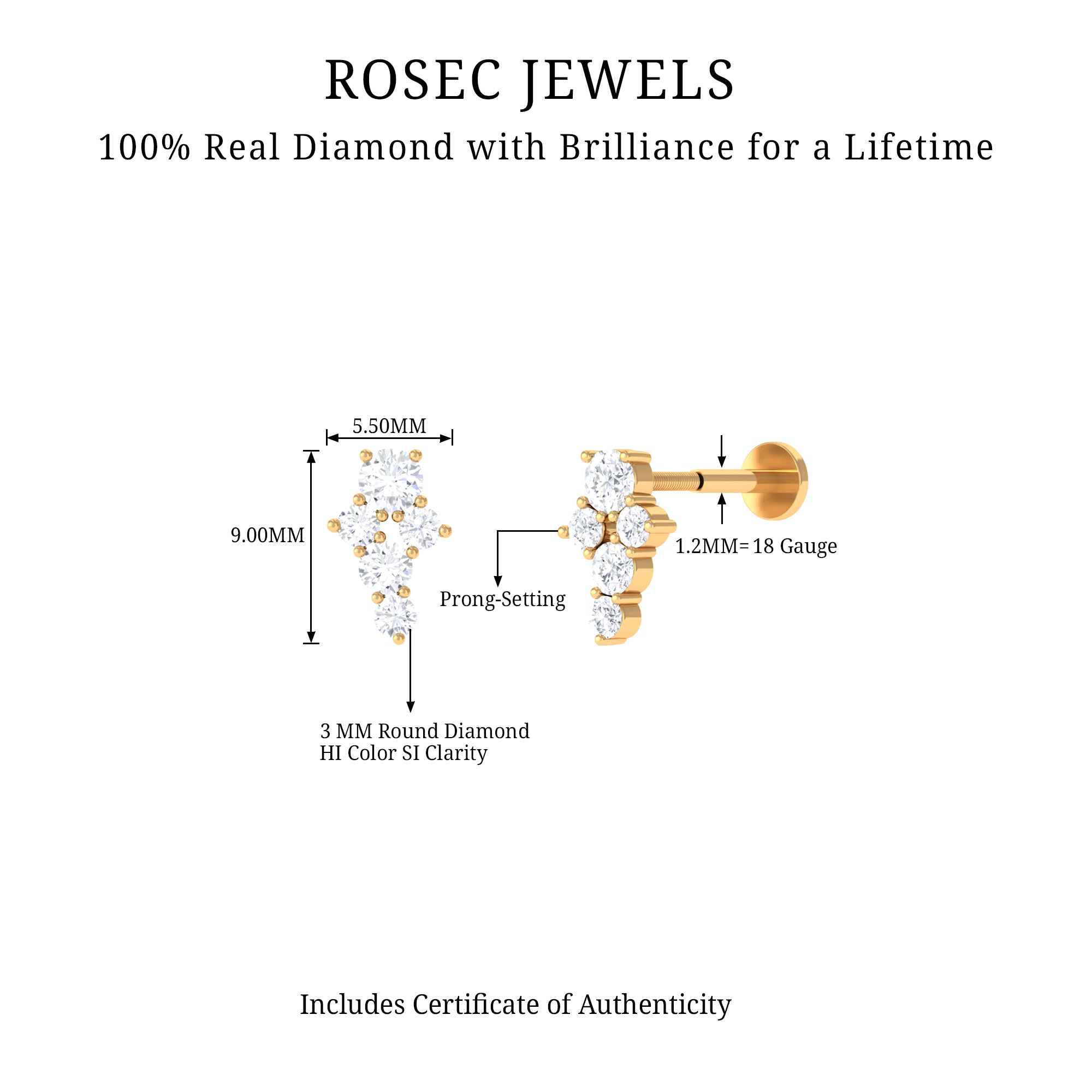 Certified Diamond Cluster Cartilage Piercing Earring Natural - ( HI-SI ) - Rosec Jewels
