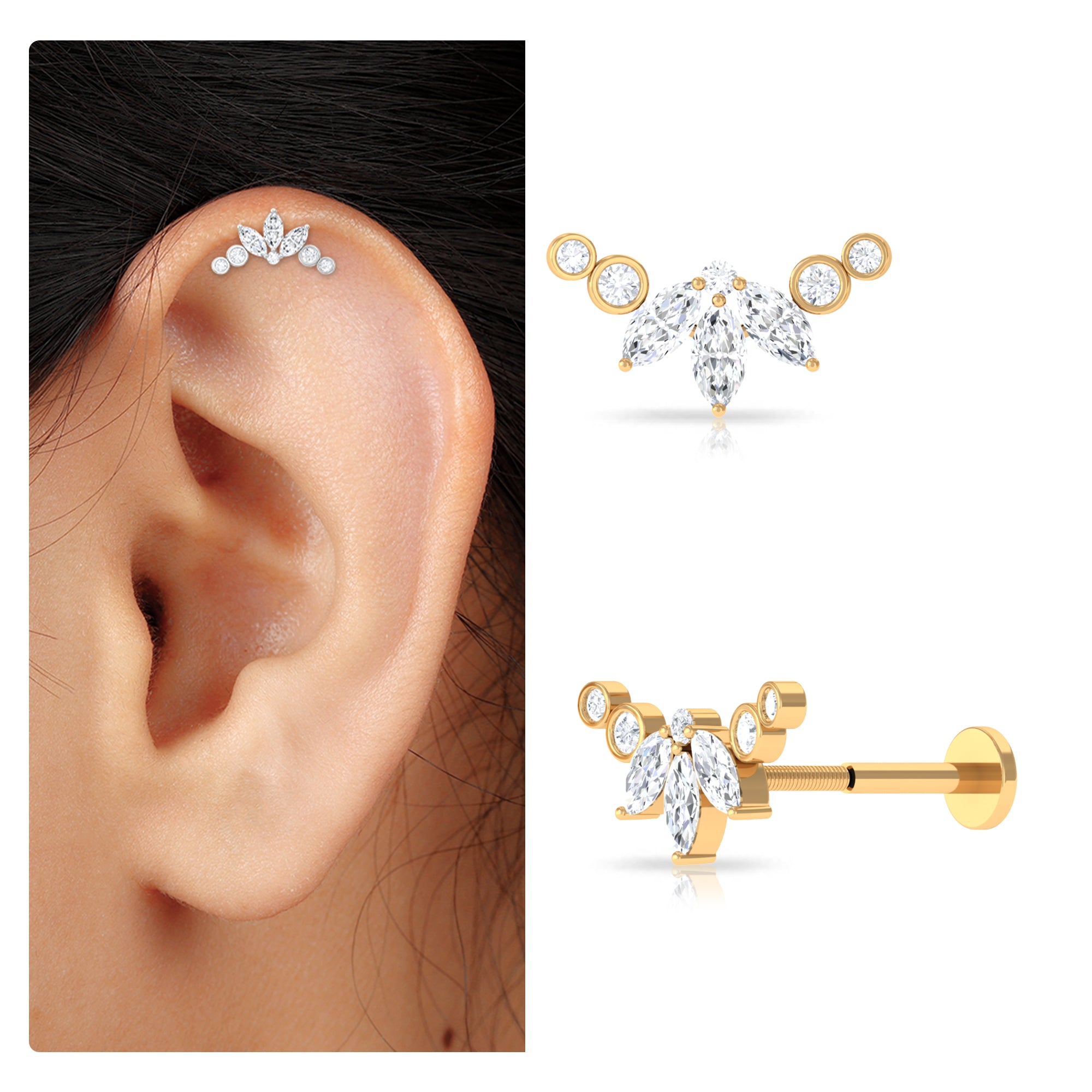 Marquise Diamond Crawler Earring for Cartilage Piercing Natural - ( HI-SI ) - Rosec Jewels