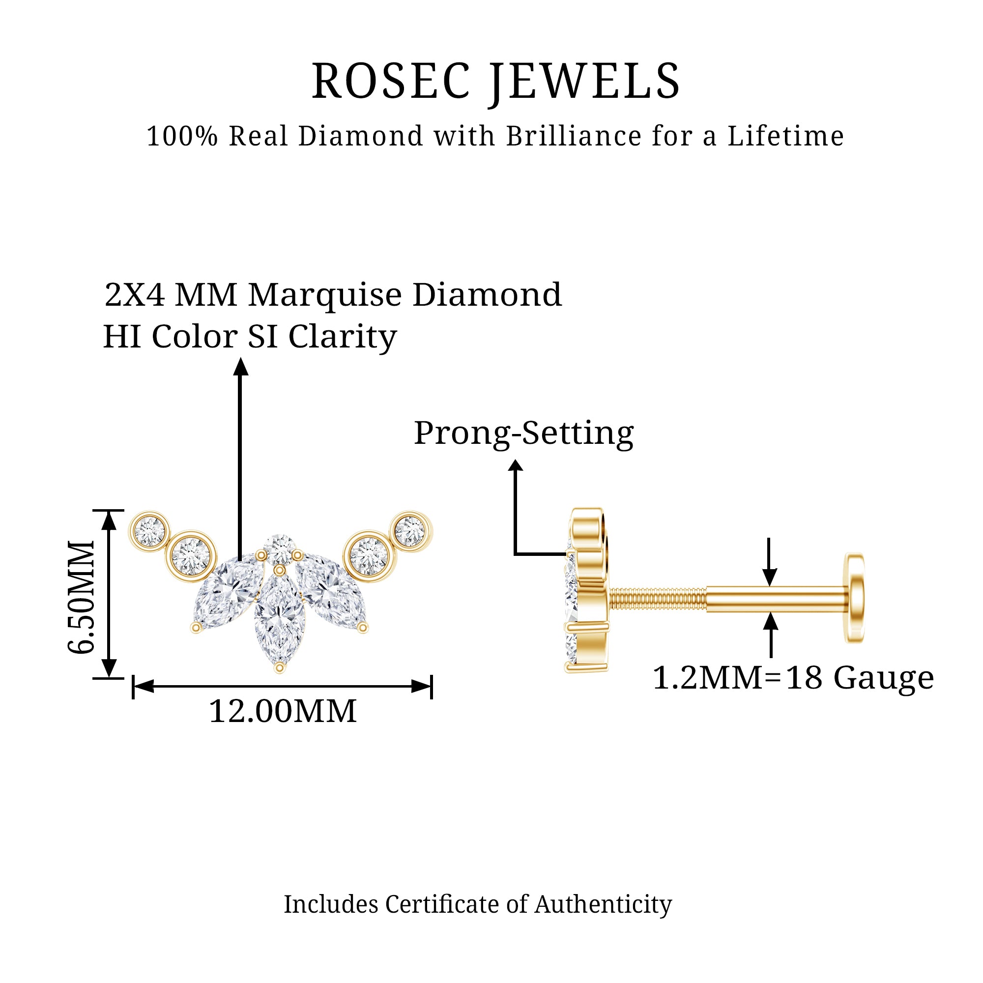 Marquise Diamond Crawler Earring for Cartilage Piercing Natural - ( HI-SI ) - Rosec Jewels