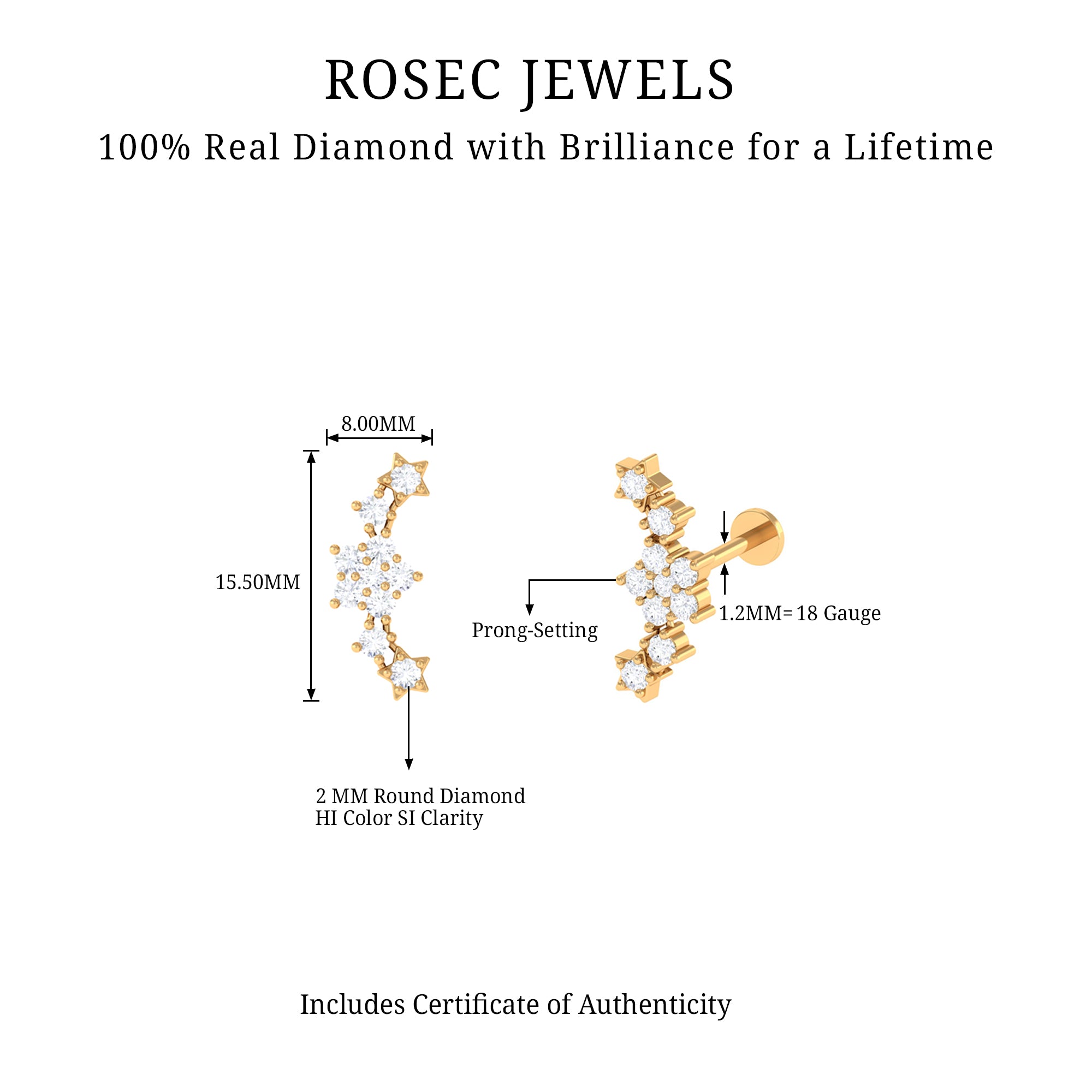 Brilliant Cut Diamond Star Ear Crawler Earring Natural - ( HI-SI ) - Rosec Jewels