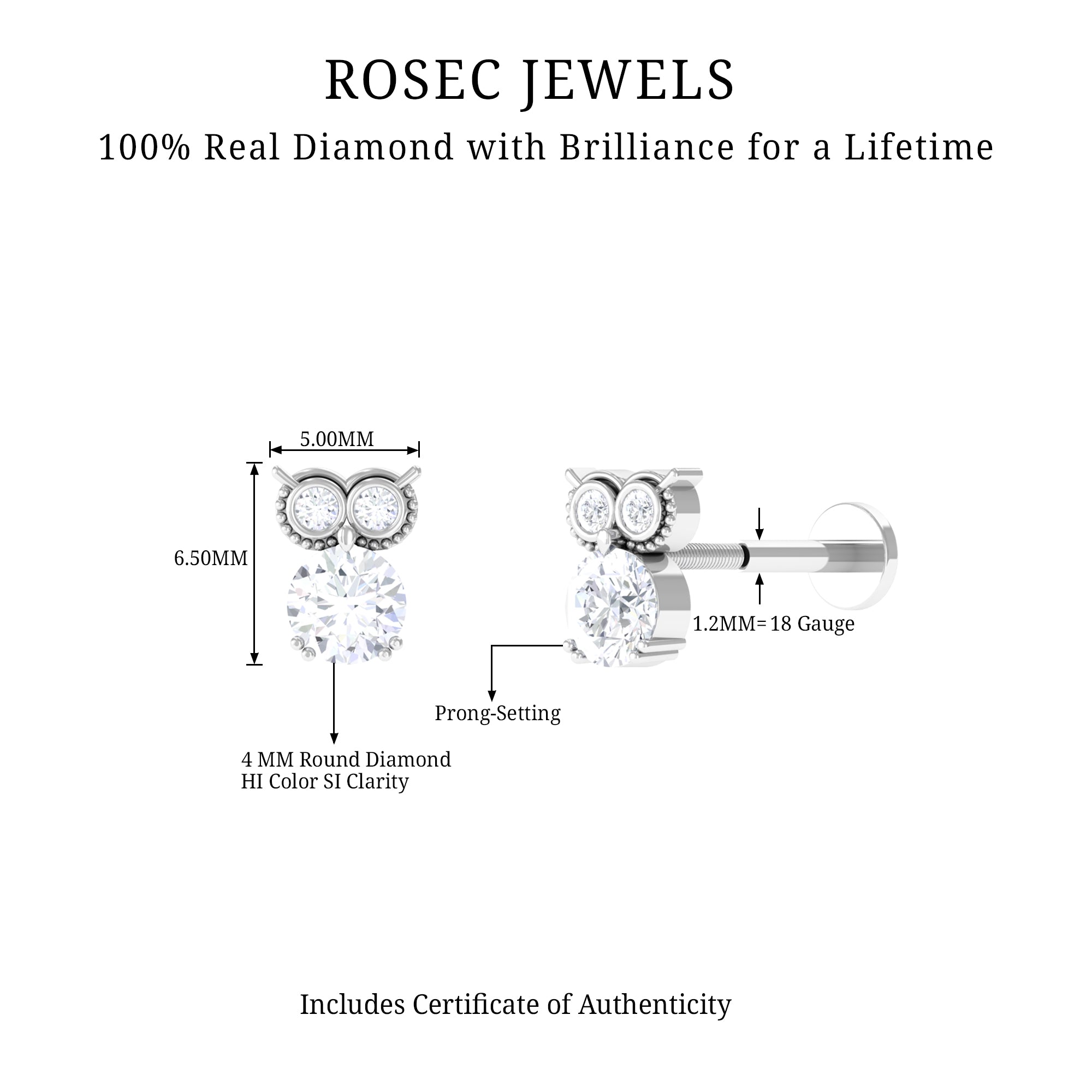 Diamond Owl Earring for Cartilage Piercing Natural - ( HI-SI ) - Rosec Jewels