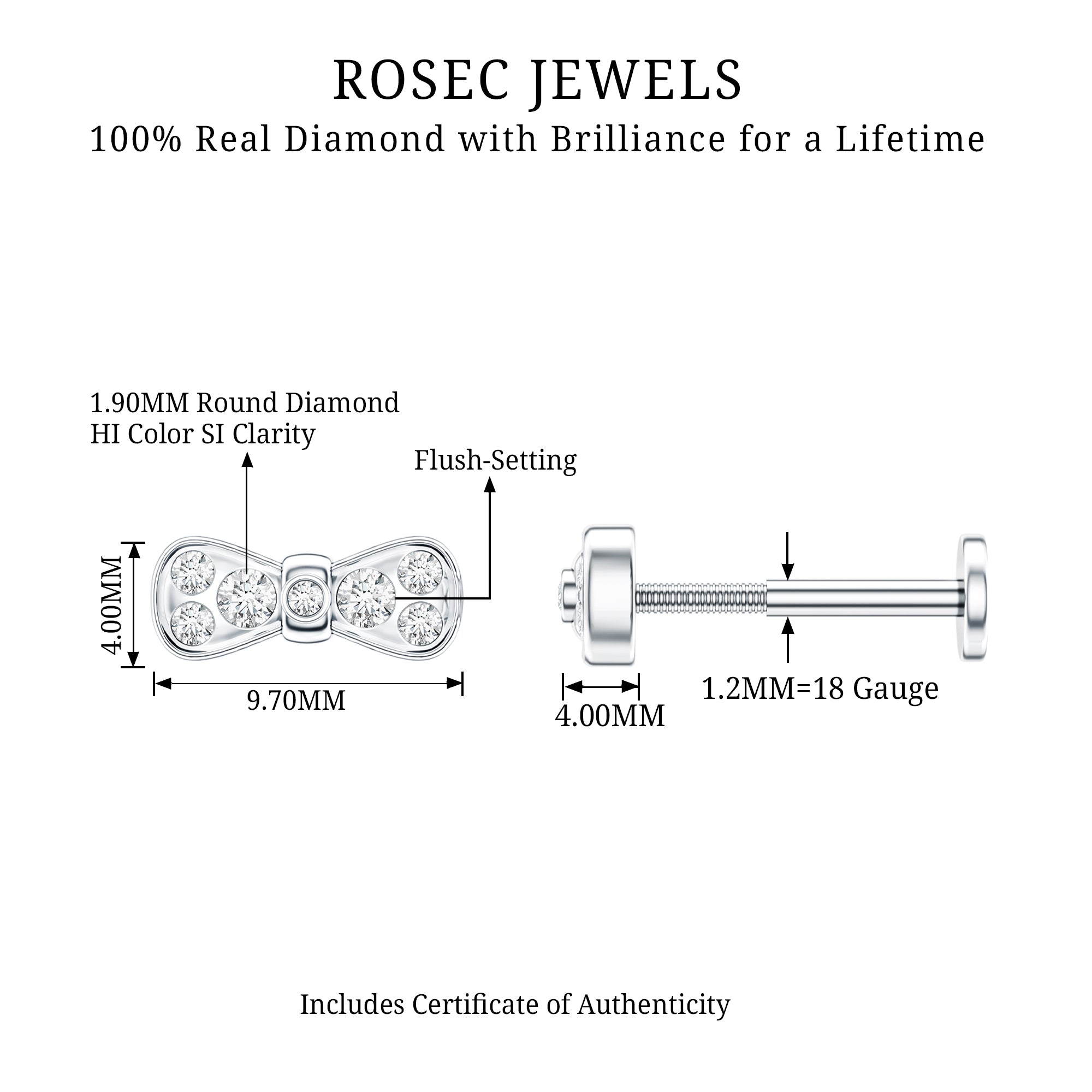 Diamonds Bow Cartilage Piercing Earring Natural - ( HI-SI ) - Rosec Jewels