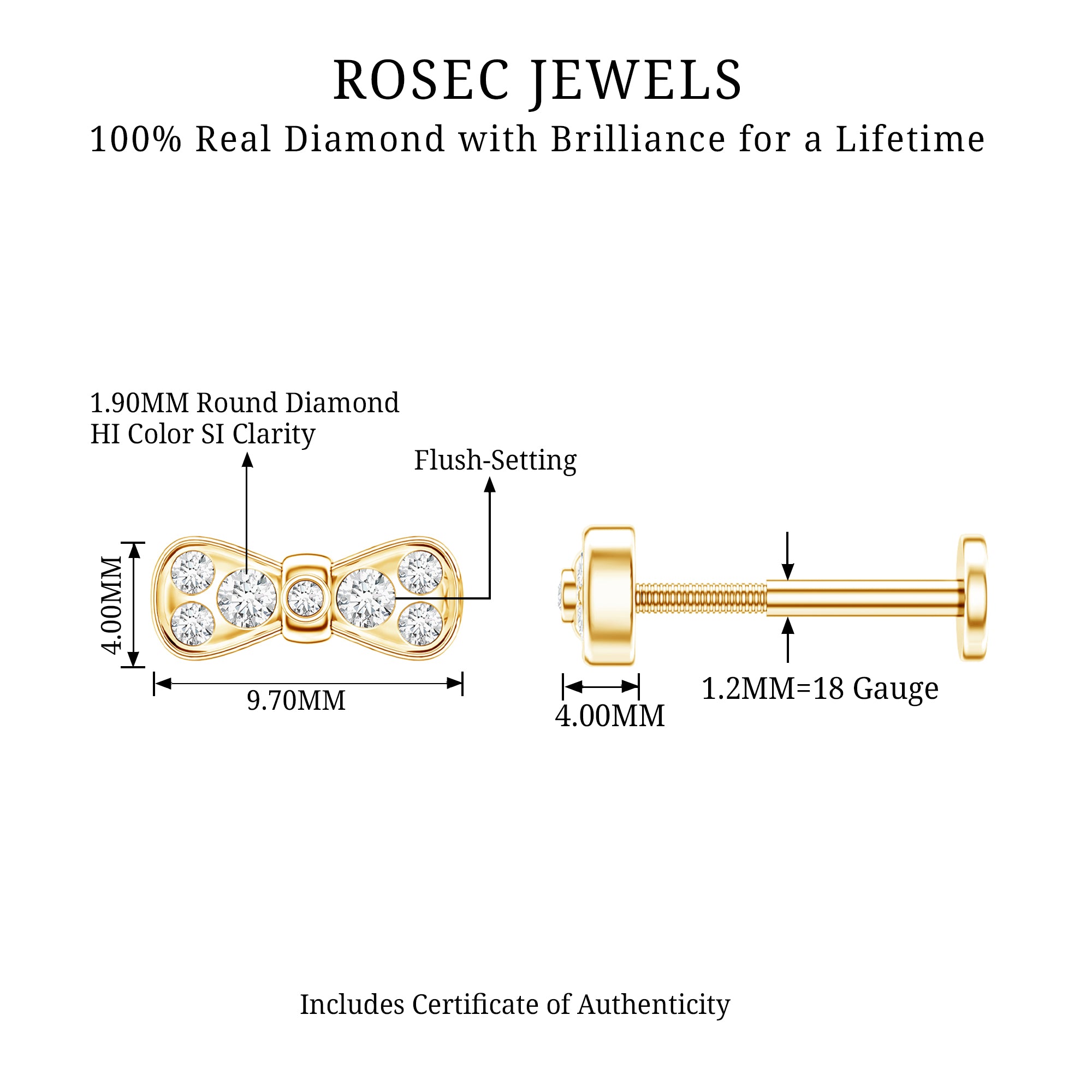 Diamonds Bow Cartilage Piercing Earring Natural - ( HI-SI ) - Rosec Jewels