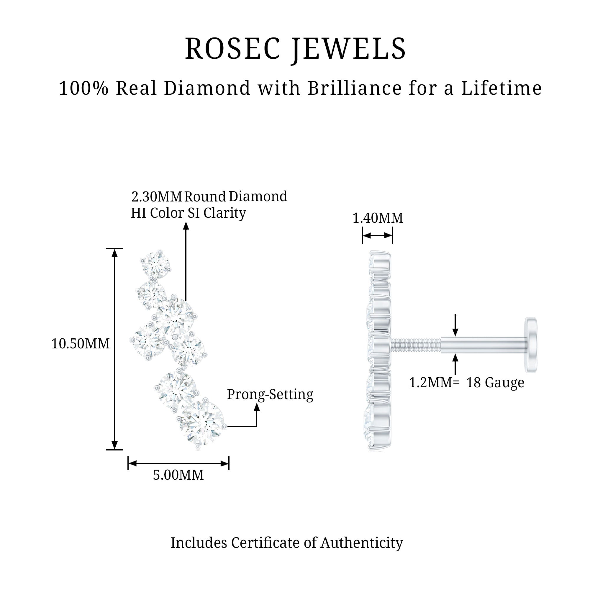 Simple Diamond Helix Piercing Earring with Flat Back Natural - ( HI-SI ) - Rosec Jewels