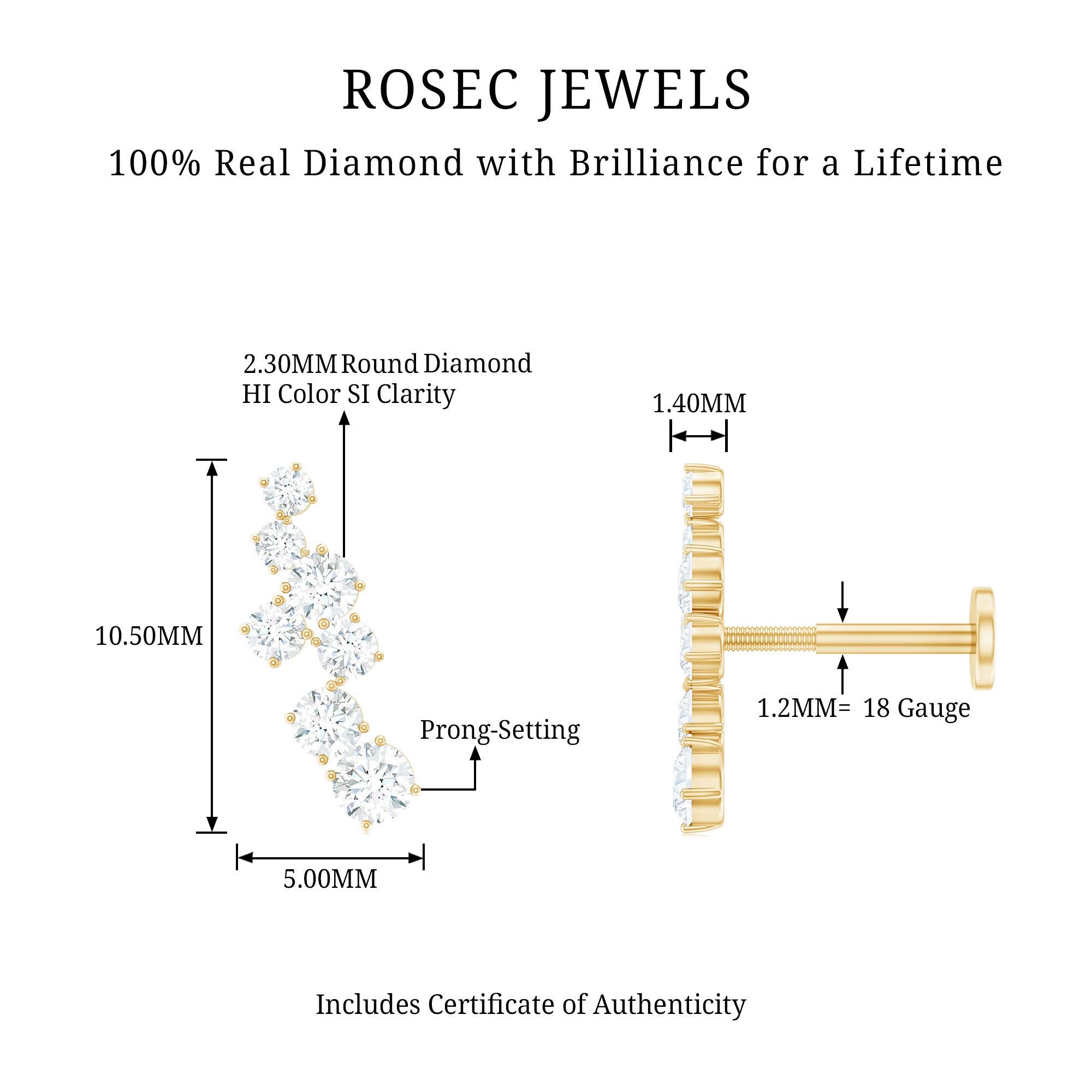 Simple Diamond Helix Piercing Earring with Flat Back Natural - ( HI-SI ) - Rosec Jewels