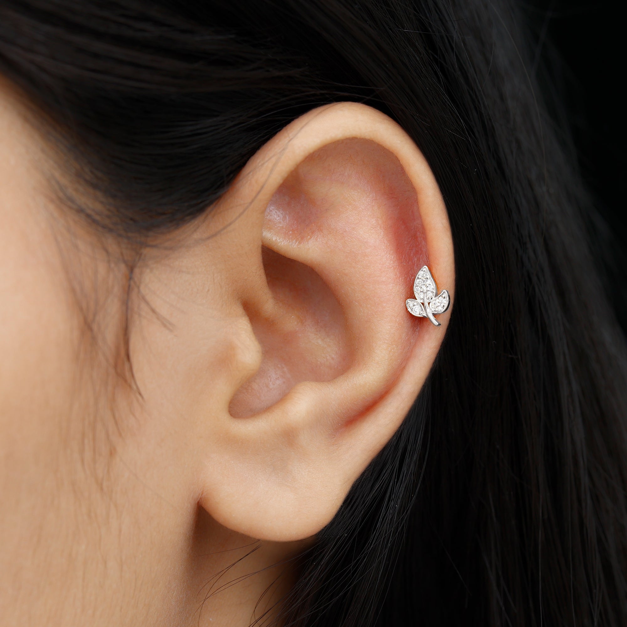 Diamond Leaf Flat Back Cartilage Stud Earring (18G) – Nature Inspired Helix & Tragus Jewelry in Gold Natural - ( HI-SI ) - Rosec Jewels