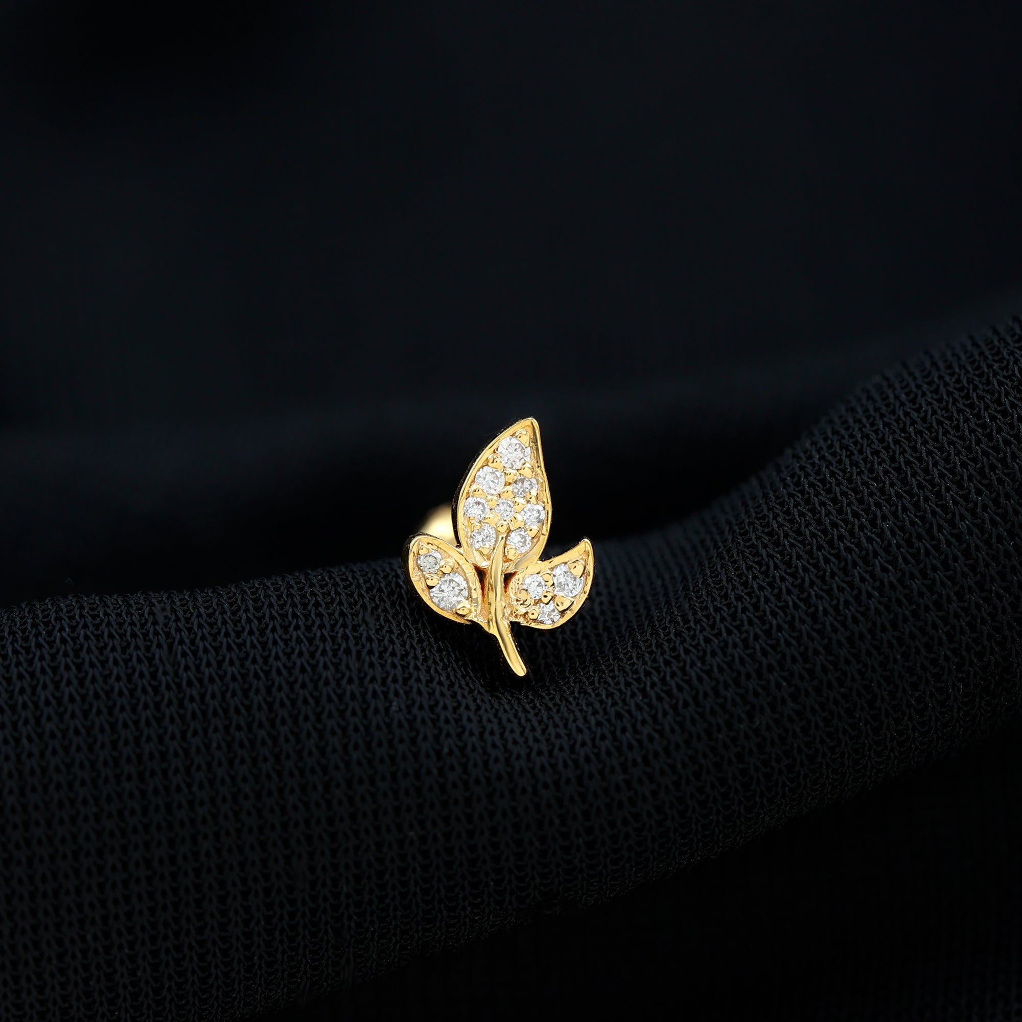Diamond Leaf Flat Back Cartilage Stud Earring (18G) – Nature Inspired Helix & Tragus Jewelry in Gold Natural - ( HI-SI ) - Rosec Jewels