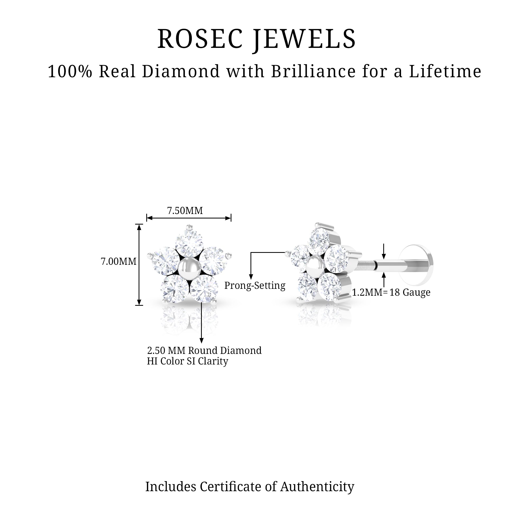 Nature Inspired Diamond Flower Earring for Tragus Piercing Natural - ( HI-SI ) - Rosec Jewels