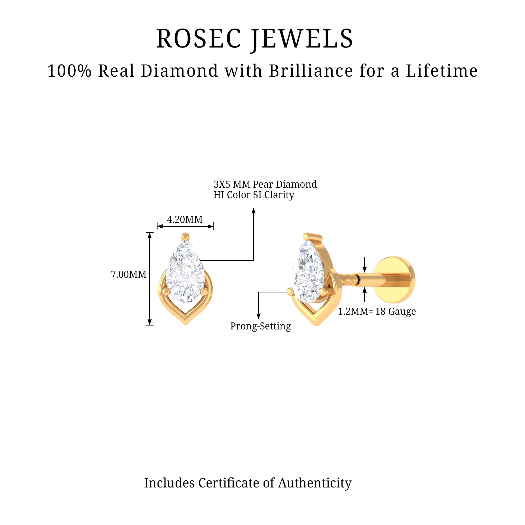 Pear Shape Diamond Solitaire Earring for Helix Piercing Natural - ( HI-SI ) - Rosec Jewels
