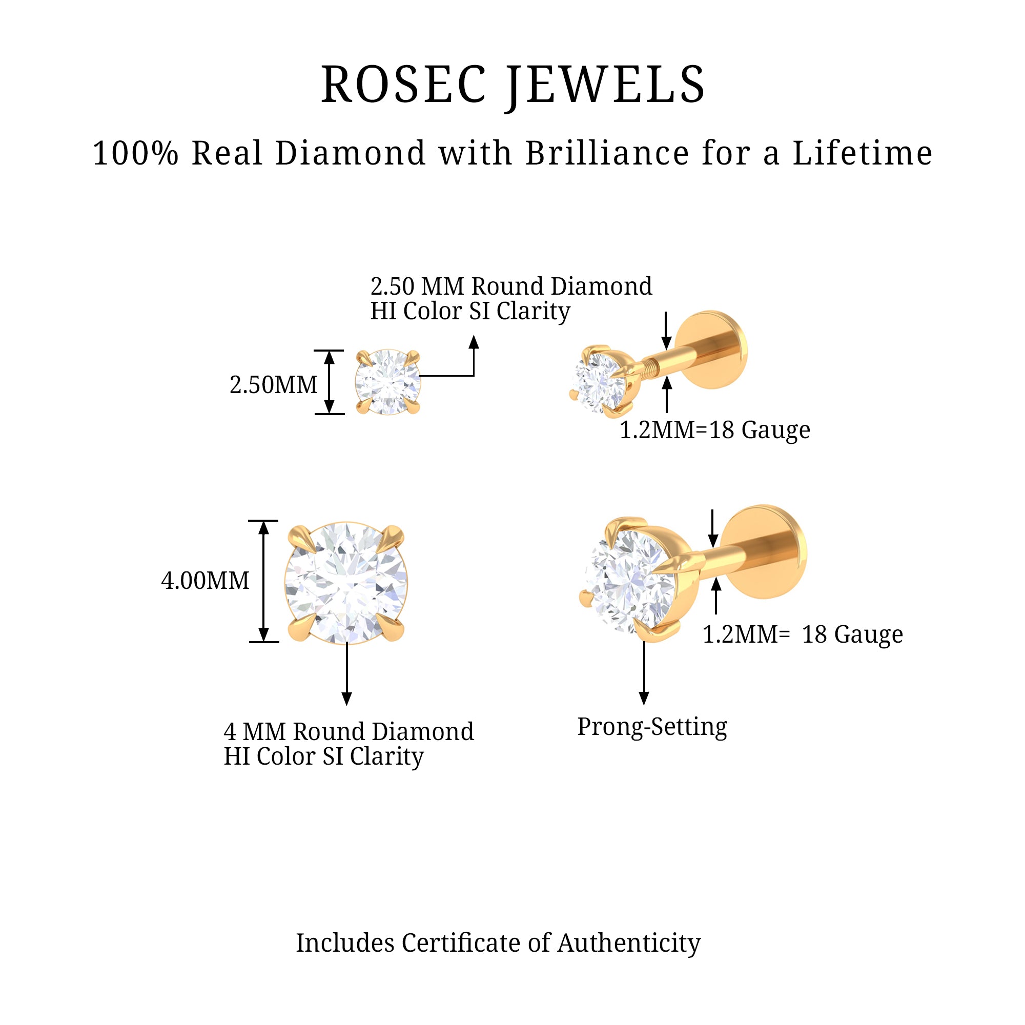 Brilliant Cut Diamond Solitaire Earring Set for Helix Piercing Natural - ( HI-SI ) - Rosec Jewels