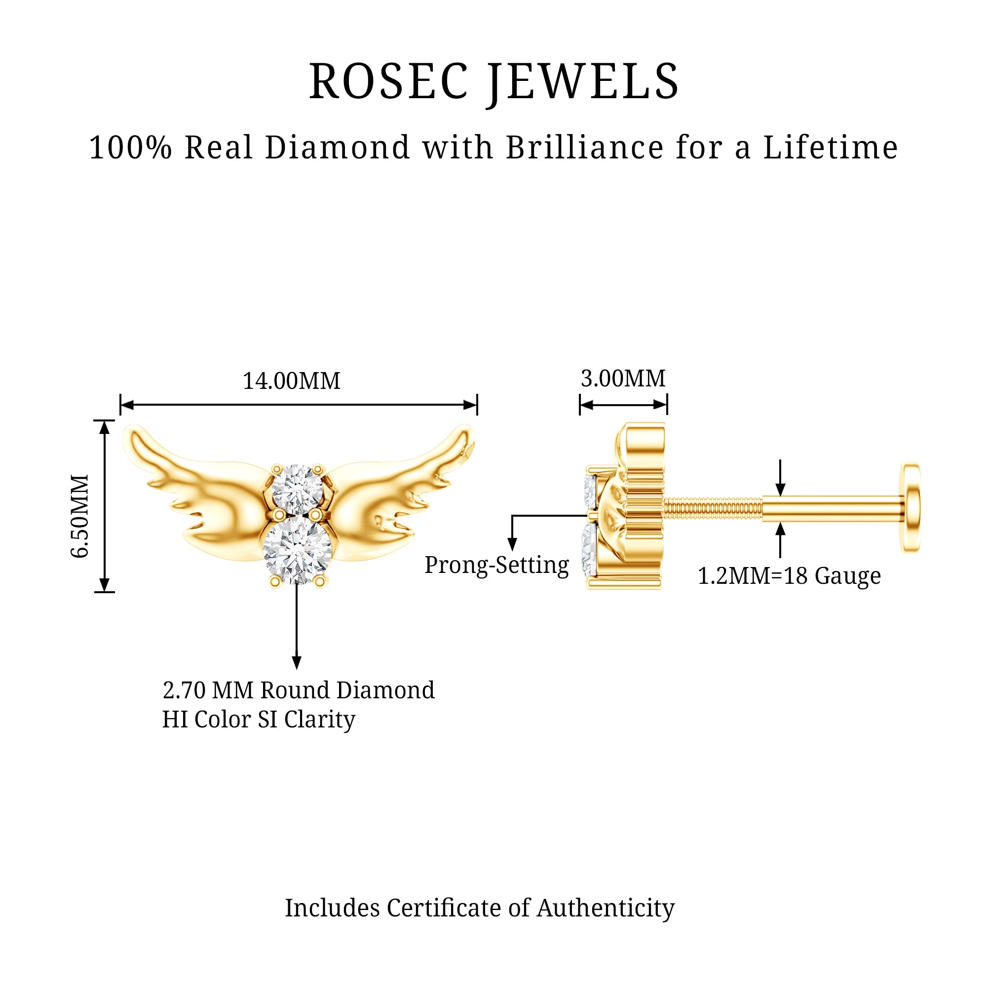 Animal Inspired Diamond Bird Earring for Helix Piercing Natural - ( HI-SI ) - Rosec Jewels
