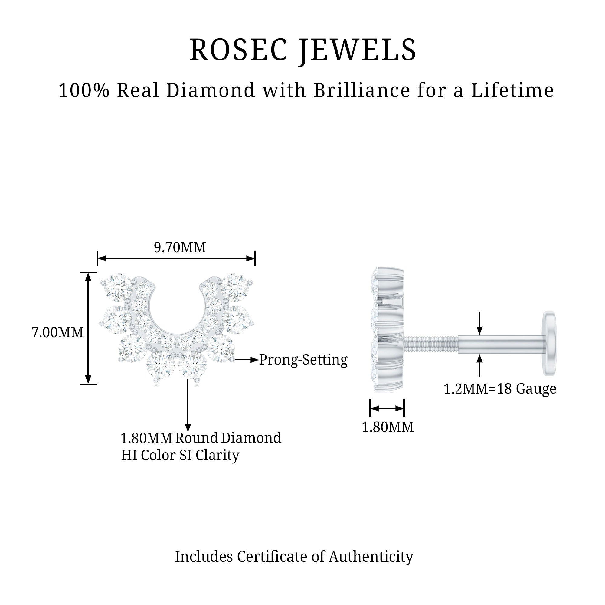 Real Diamond Horseshoe Earring for Helix Piercing Natural - ( HI-SI ) - Rosec Jewels