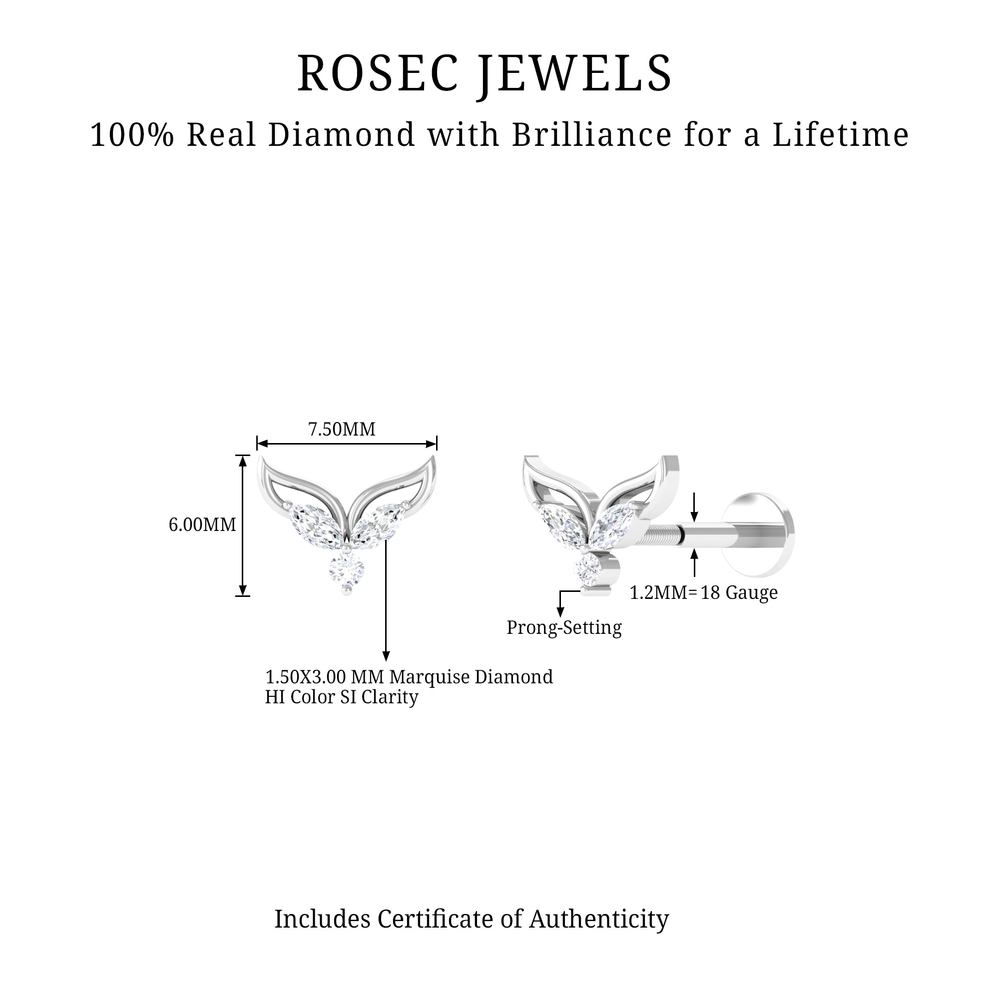 Marquise Diamond Leaf Earring for Cartilage Piercing Natural - ( HI-SI ) - Rosec Jewels