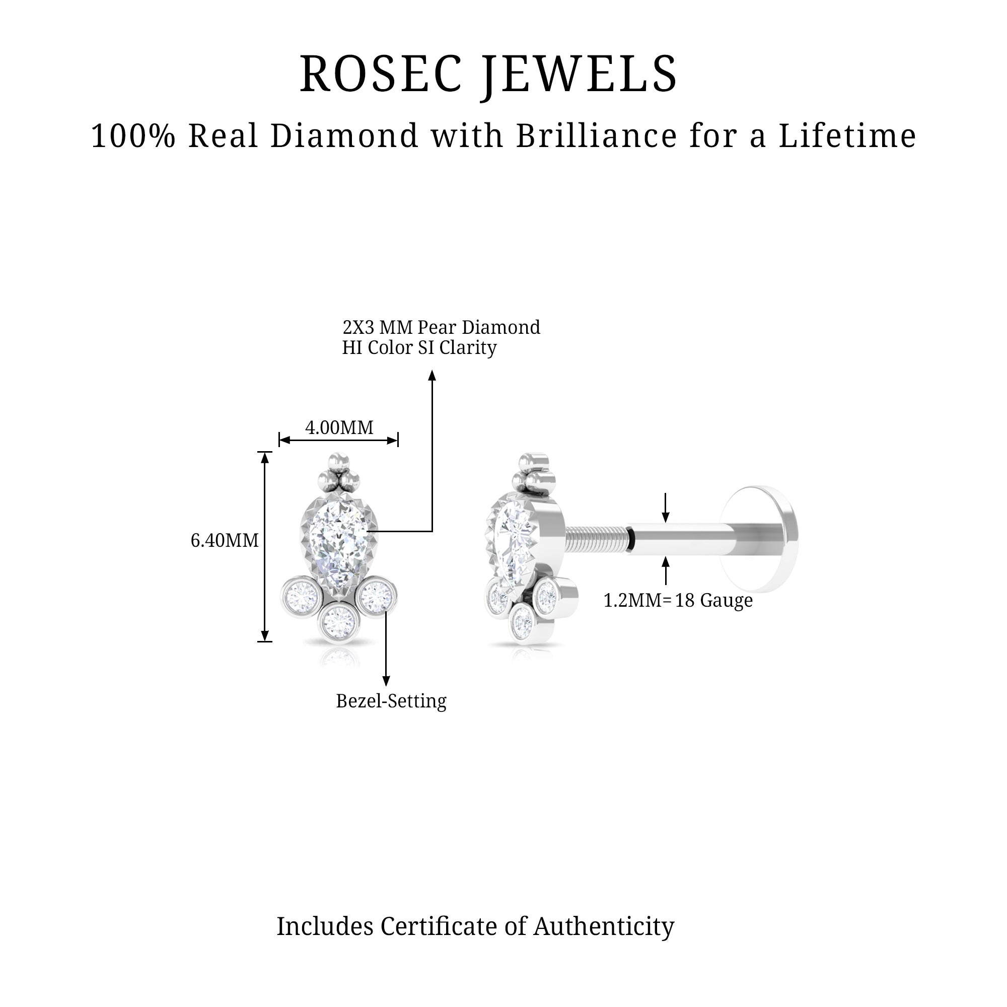 Minimal Diamond Tragus Earring in Beaded Bezel Setting Natural - ( HI-SI ) - Rosec Jewels